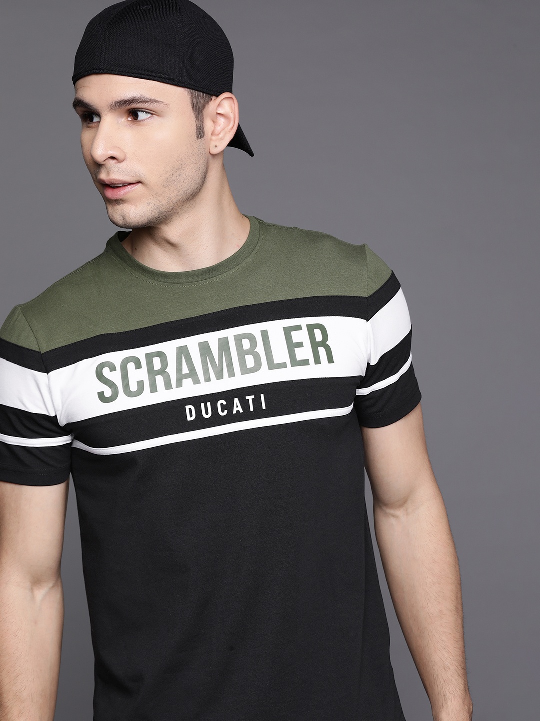 

Ducati Men Black & Olive Green Brand Logo Printed T-shirt
