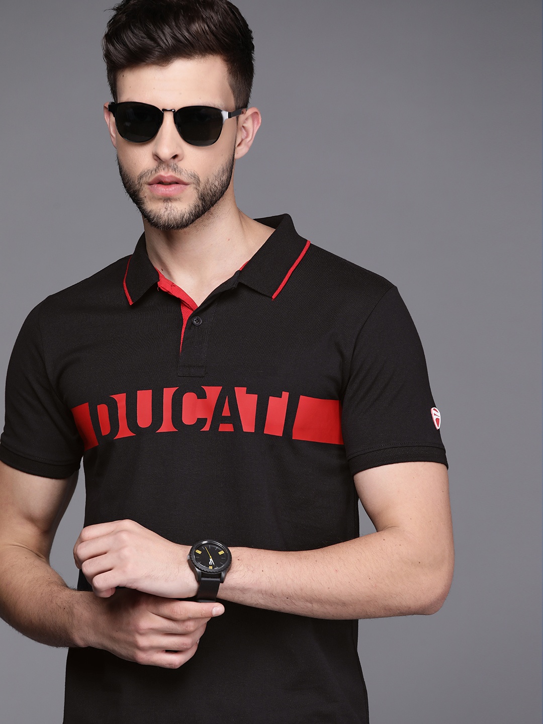 

Ducati Men Black & Red Brand Logo Printed Polo Collar Pure Cotton T-shirt