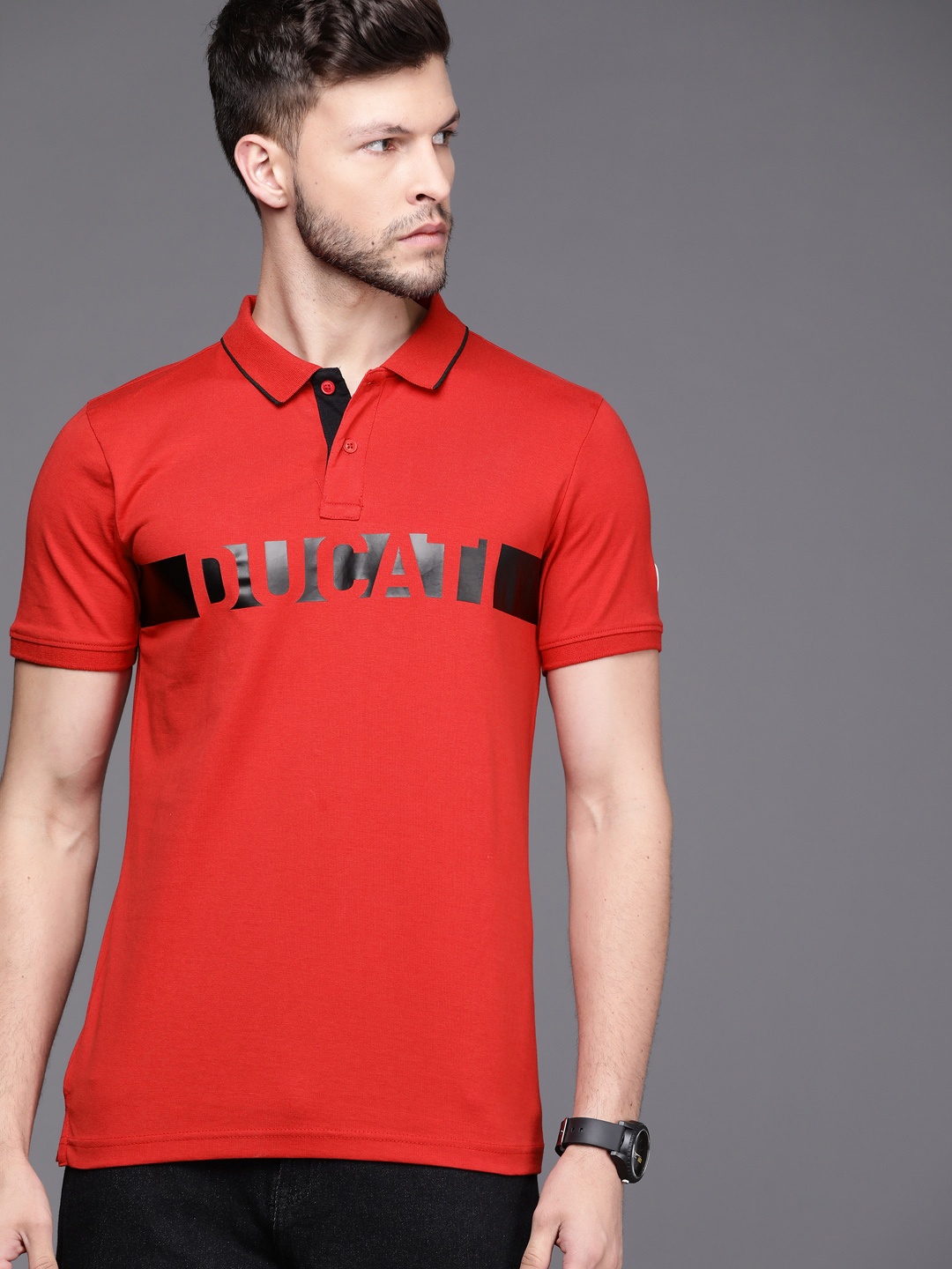 

Ducati Men Red & Black Typography Printed Polo Collar Pure Cotton T-shirt