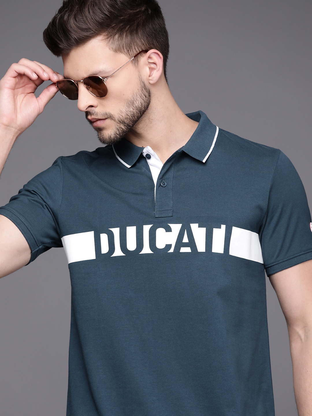 

Ducati Men Blue & White Brand Logo Printed Polo CollarPure Cotton T-shirt