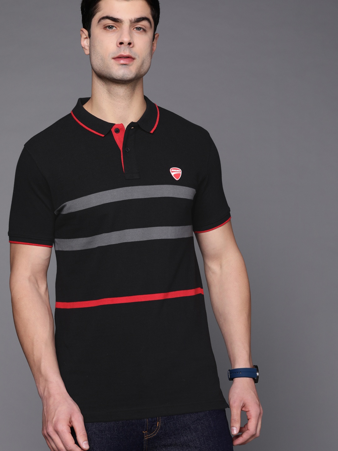 

Ducati Men Black & Grey Striped Polo Collar Pure Cotton T-shirt