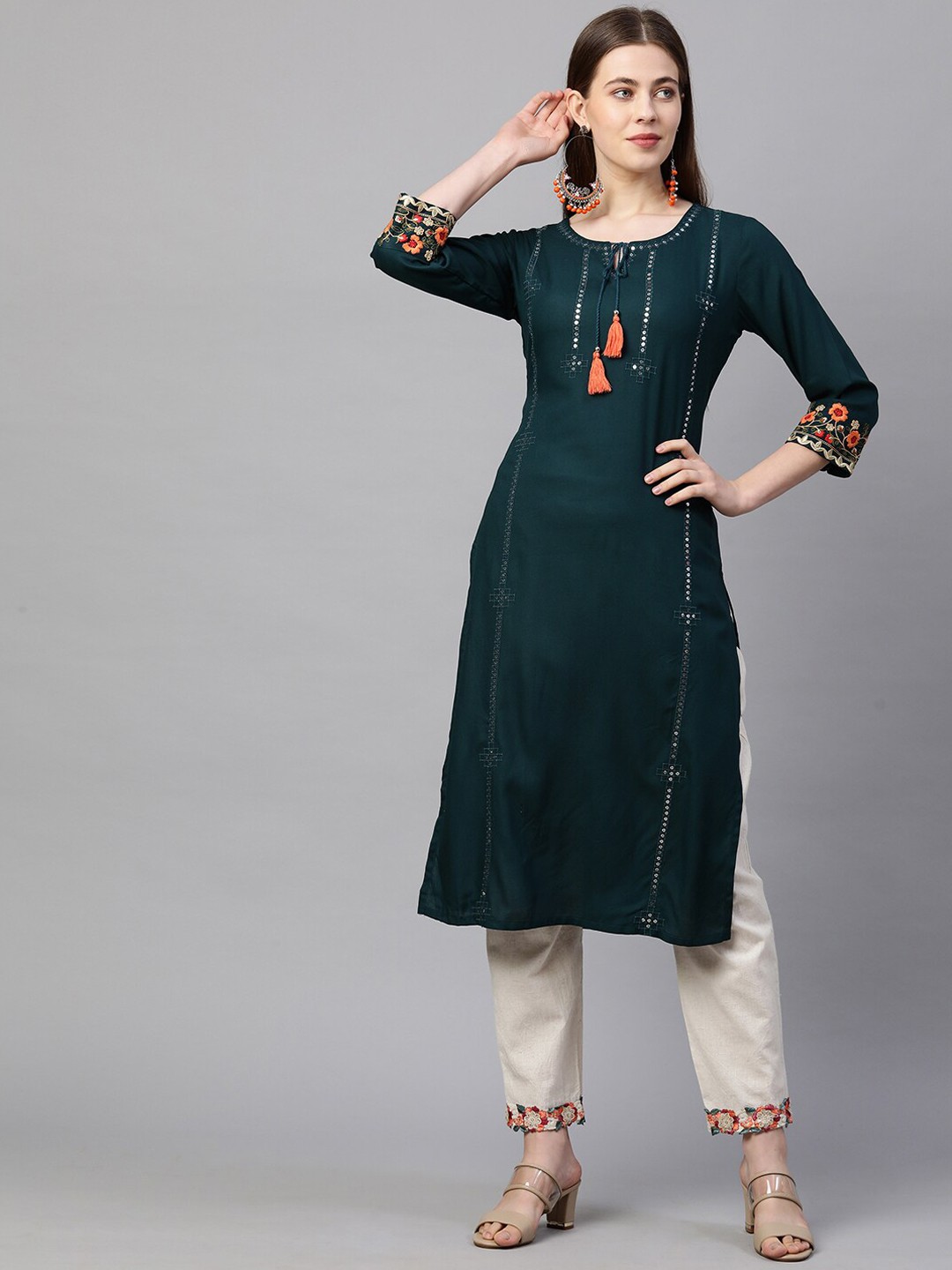 

FASHOR Women Teal Thread Work Kurta