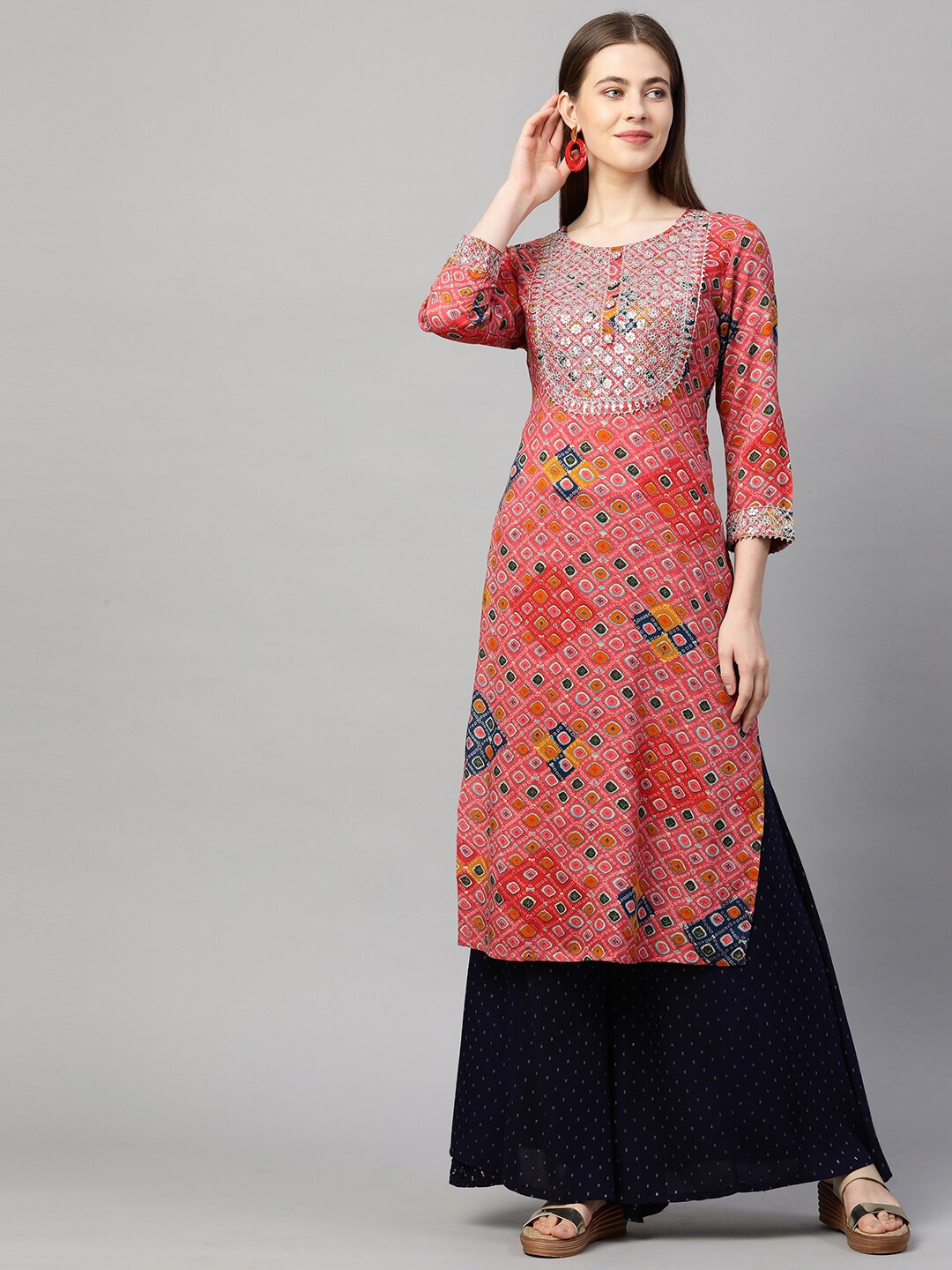 

FASHOR Women Pink & Orange Bandhani Printed Thread Work Straight Kurta