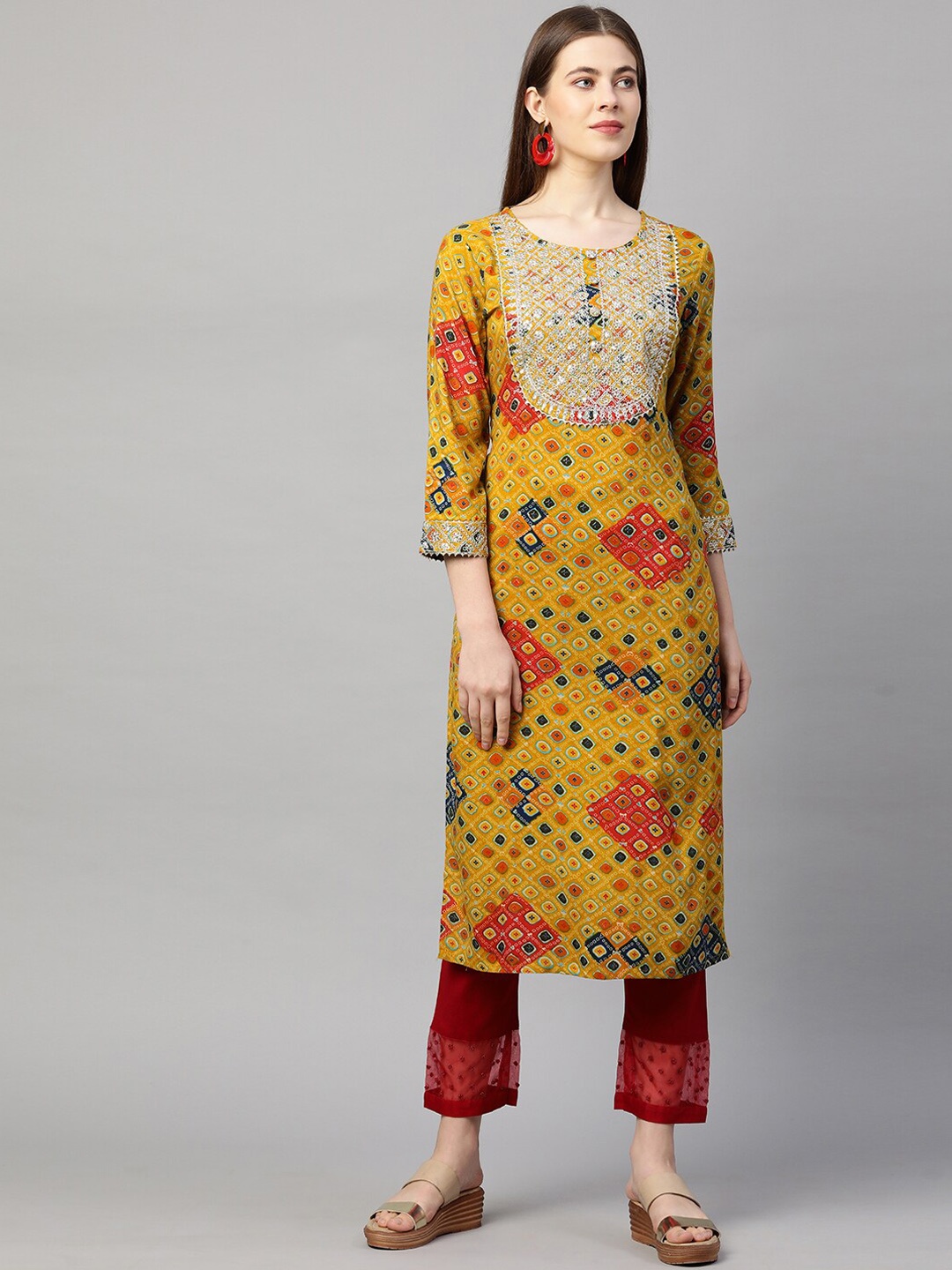 

FASHOR Women Mustard Yellow Bandhani Printed Kurta