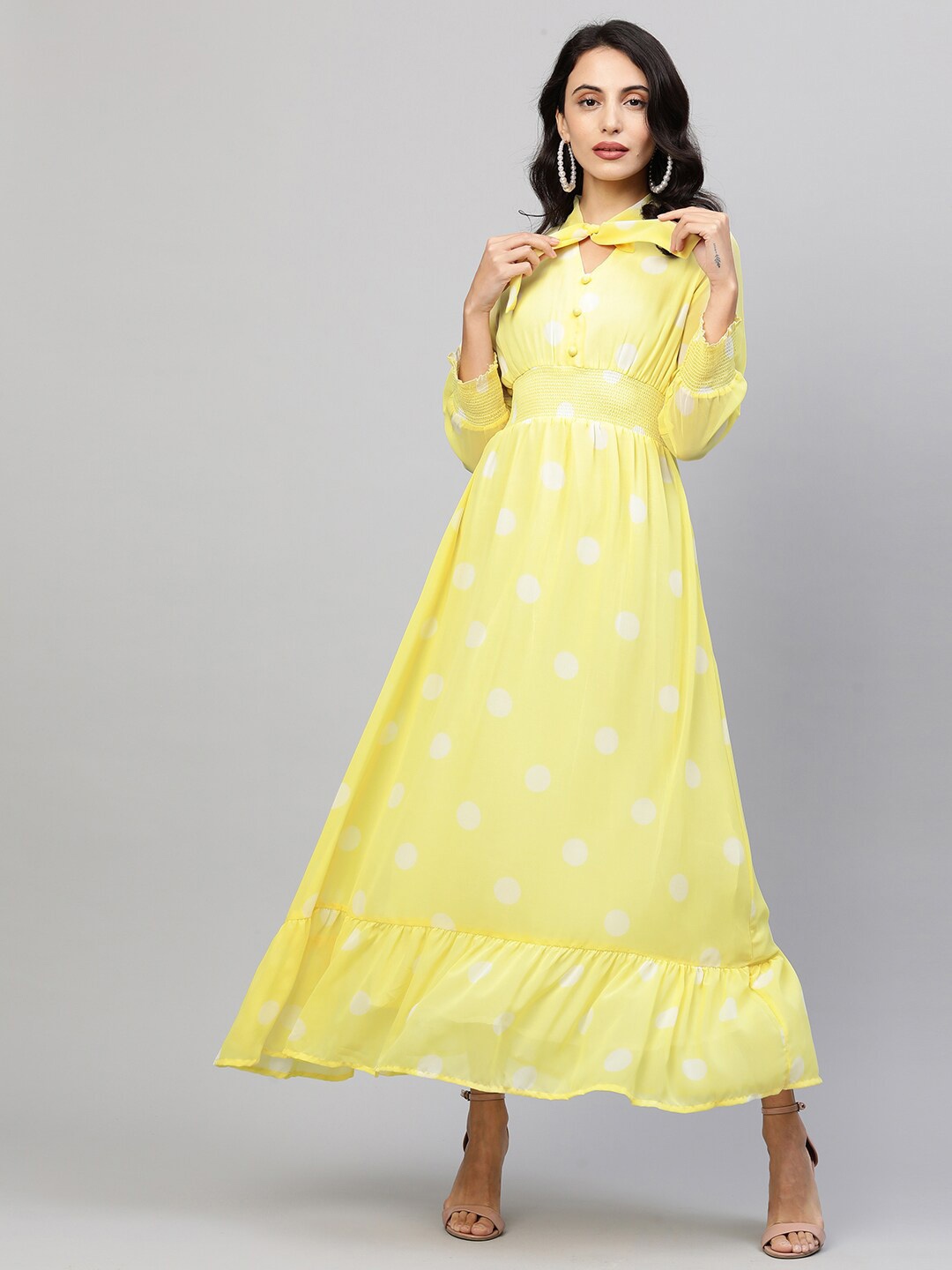 

FASHOR Yellow Ethnic Motifs Tie-Up Neck Georgette Maxi Dress