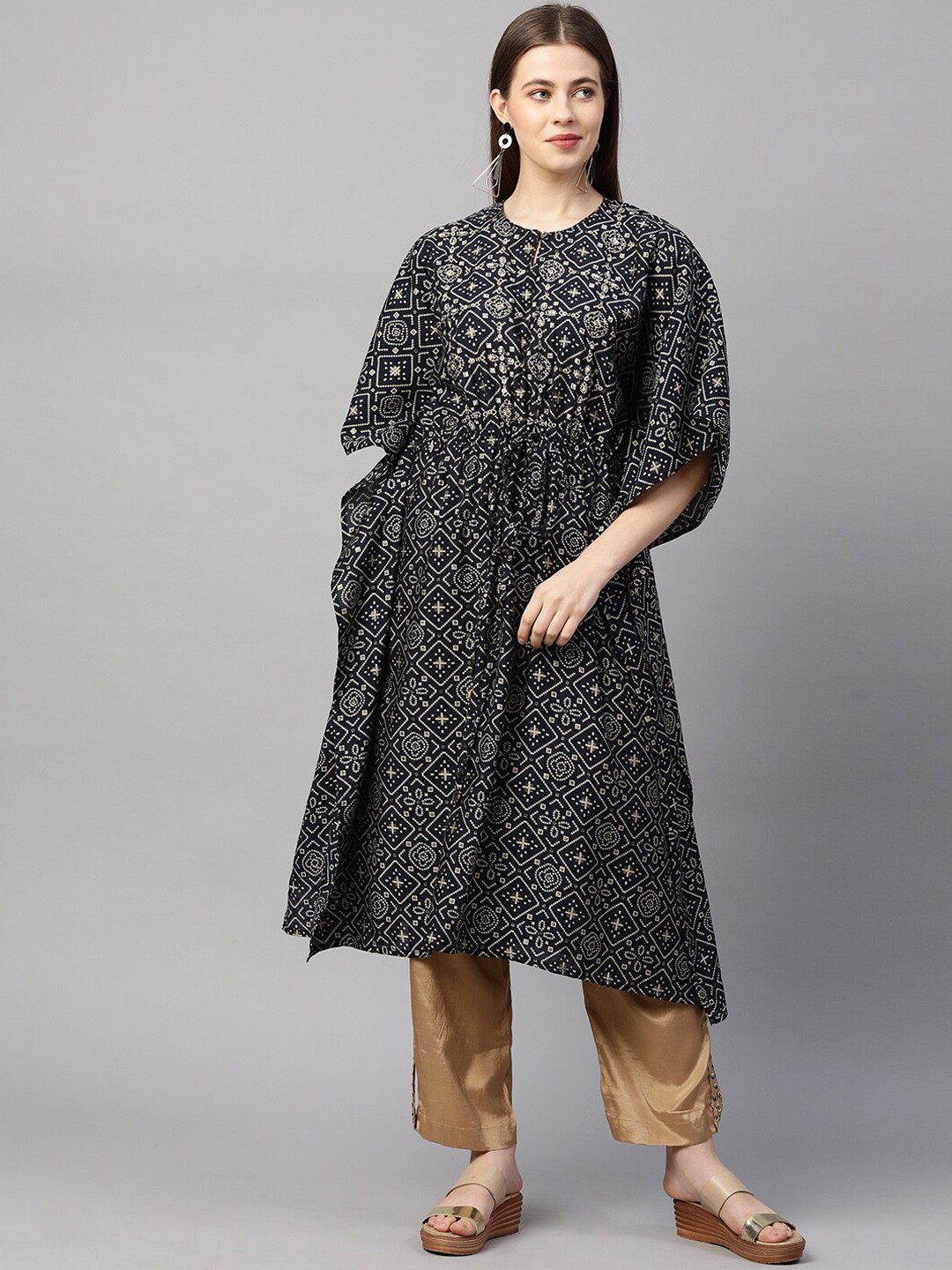 

FASHOR Women Black & Beige Ethnic Motifs Printed Pleated Kaftan Kurta With Trousers