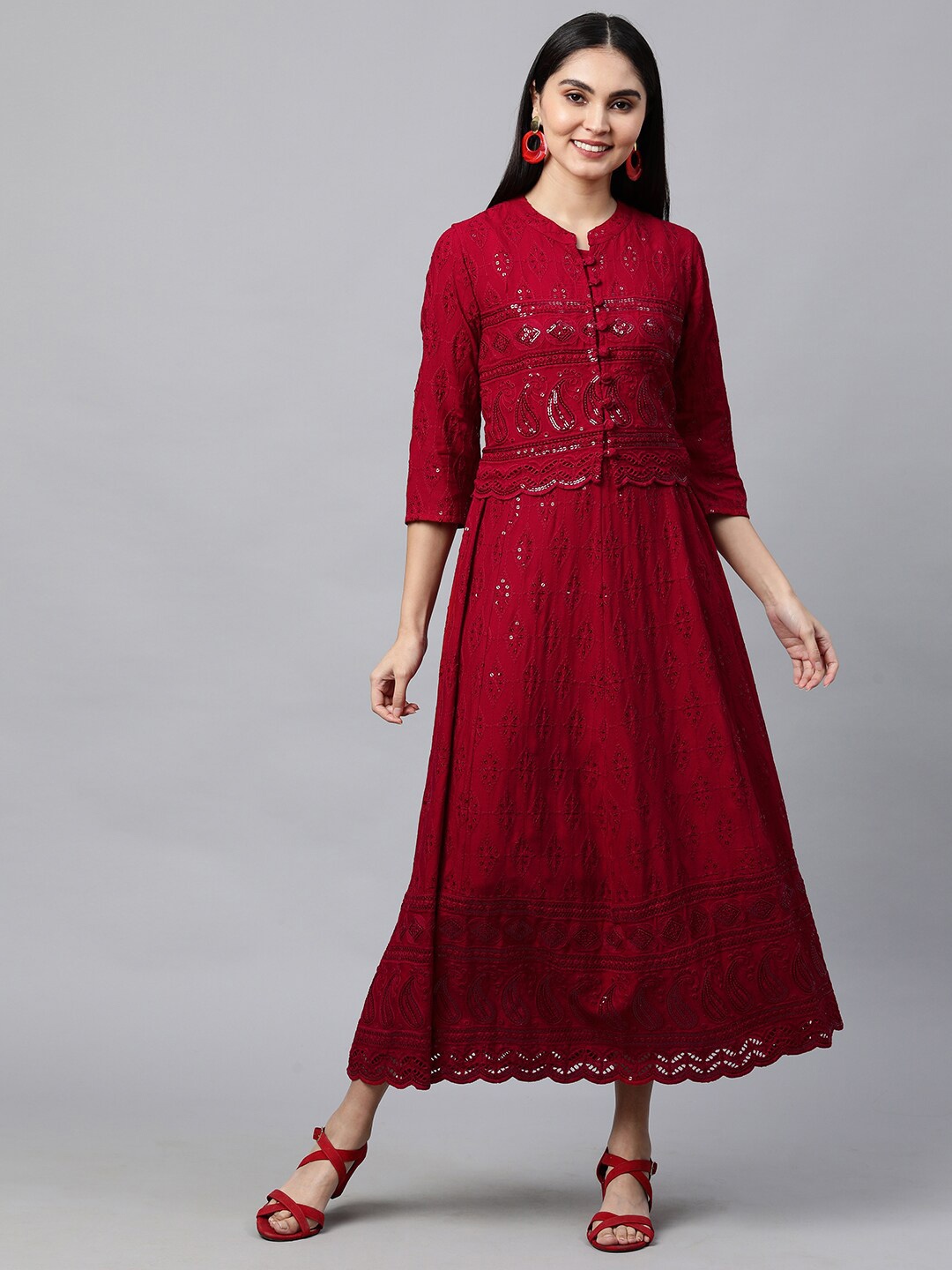 

FASHOR Maroon Embellished Ethnic Maxi Dress with Jacket