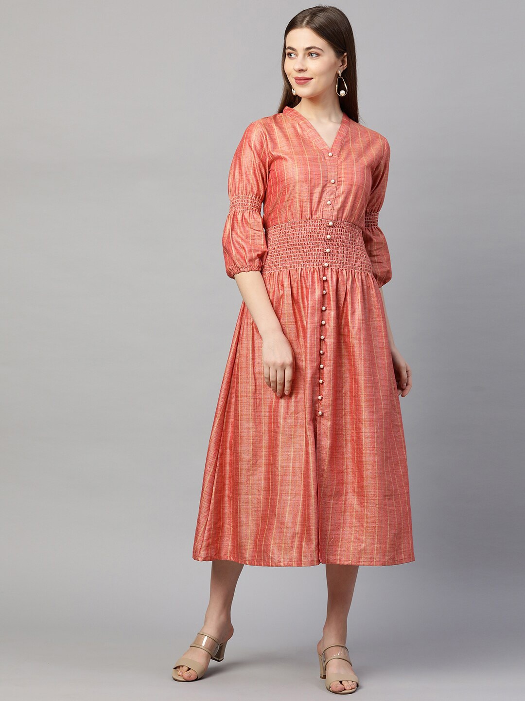 

FASHOR Orange Striped Smocked Detail Ethnic Midi Dress