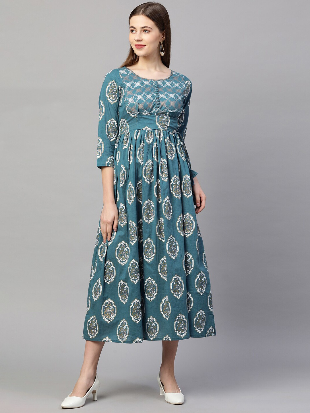 

FASHOR Blue Ethnic Motifs Printed Cotton A-Line Midi Dress