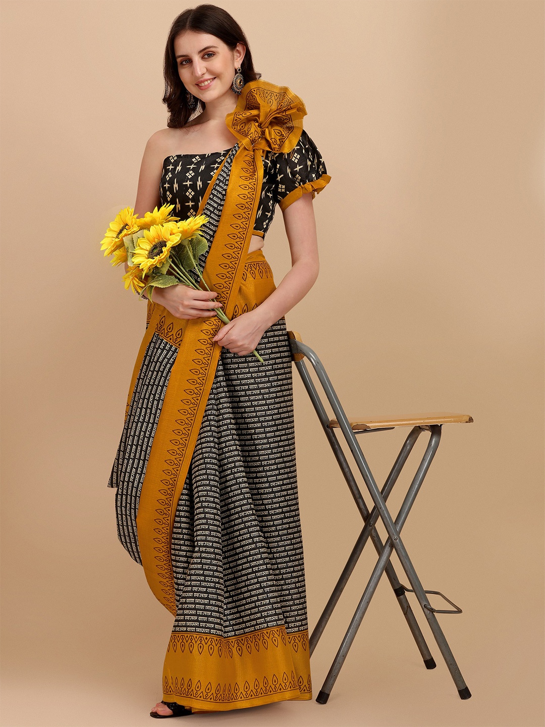 

KALINI Yellow & Black Kalamkari Linen Blend Block Print Saree