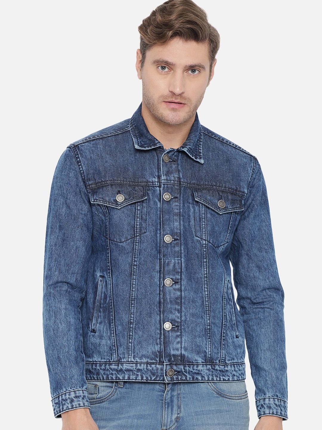 

The Dry State Men Blue Washed Crop Denim Jacket
