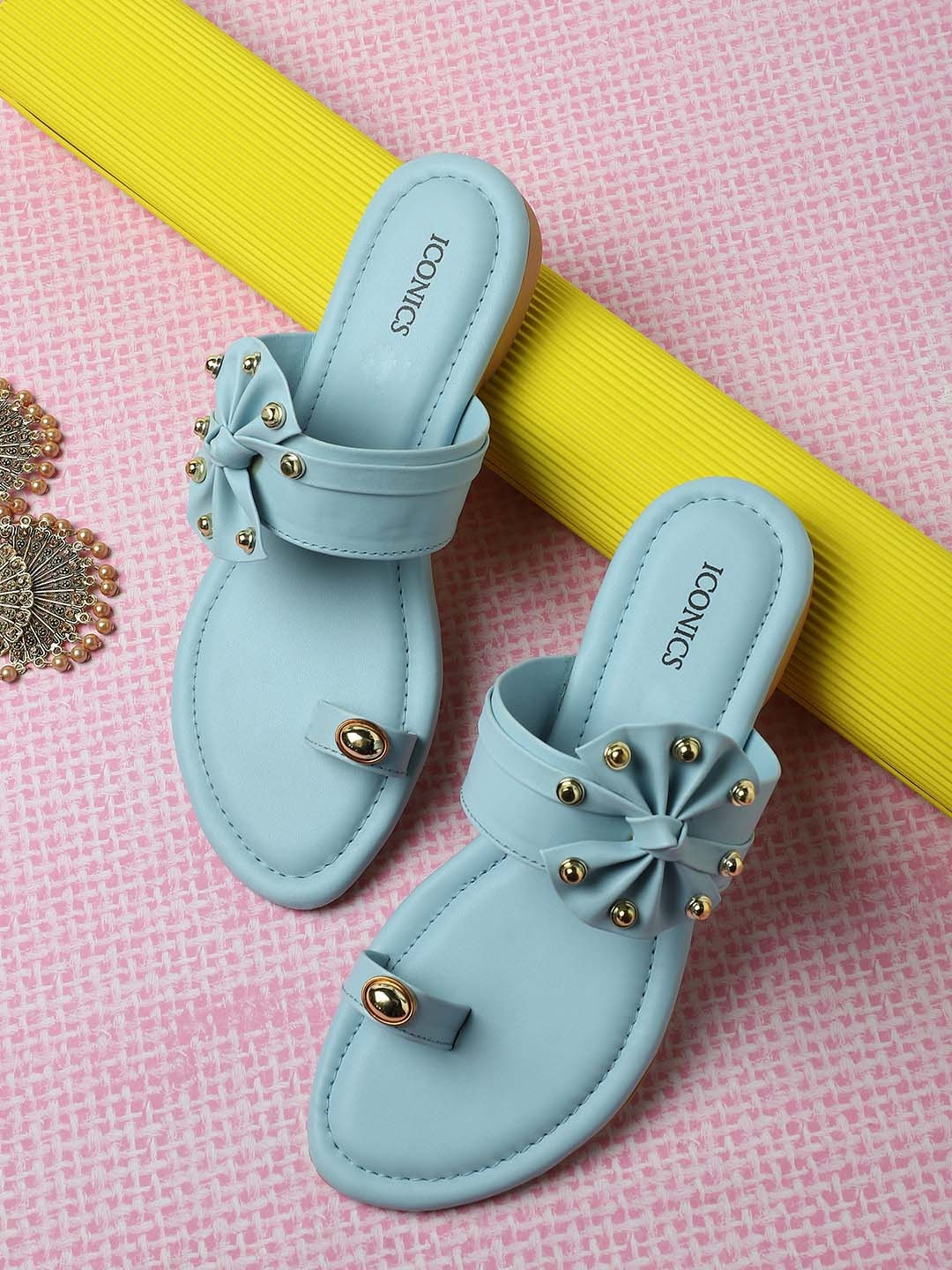 

ICONICS Women Blue Embellished Leather One Toe Flats