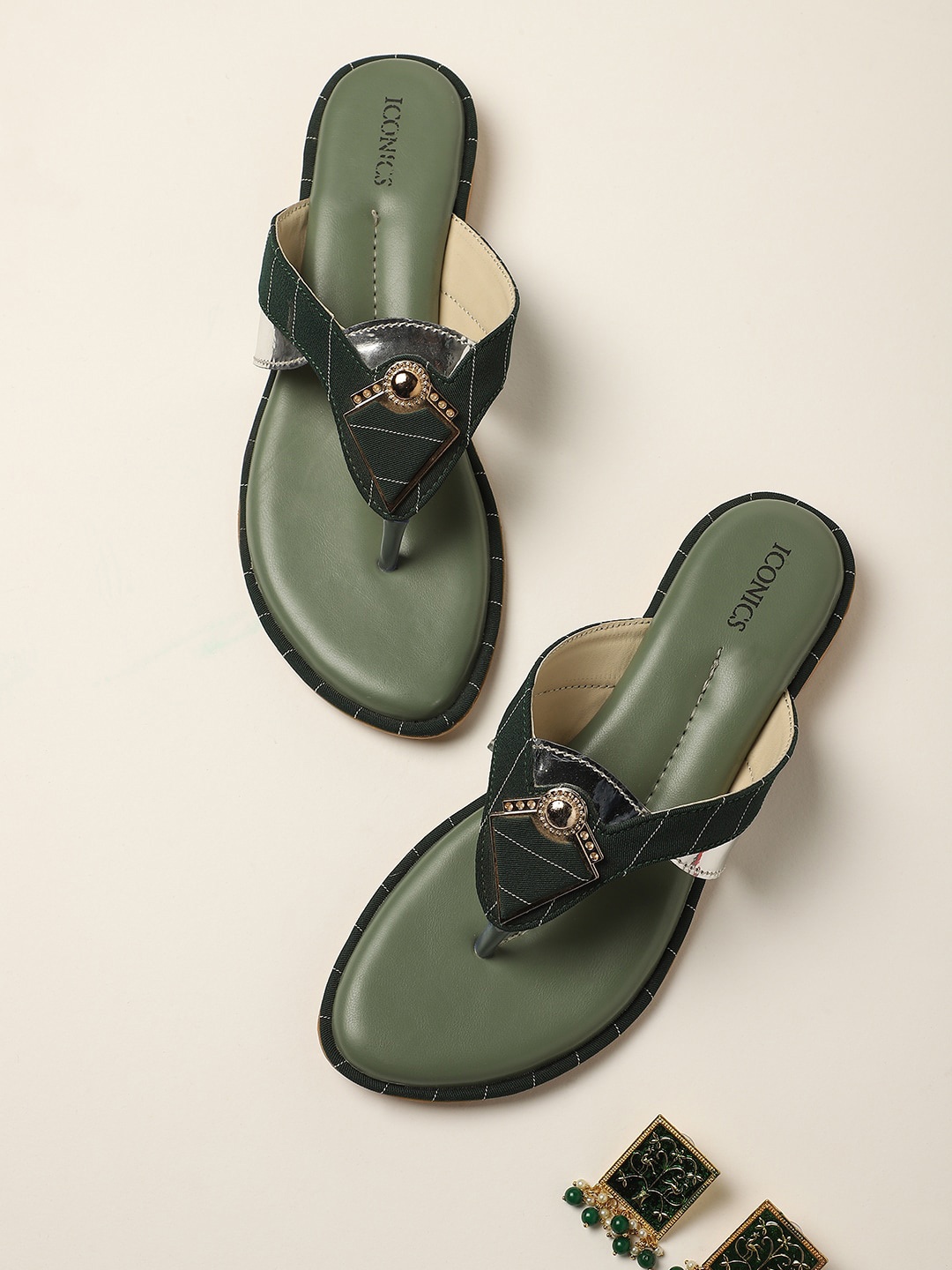 

ICONICS Women Solid Green Embellished T-Strap Flats
