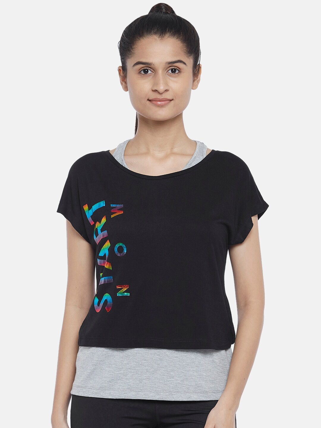 

Ajile by Pantaloons Black & Grey Printed Top with Camisole