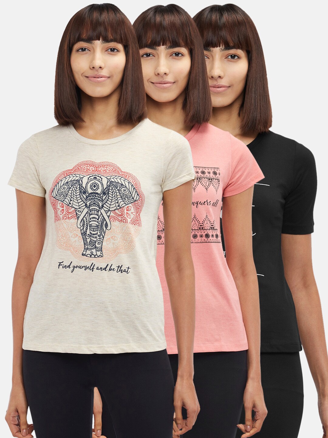 

Ajile by Pantaloons Set Of 3 Women Cream-Coloured & Pink Printed T-shirt