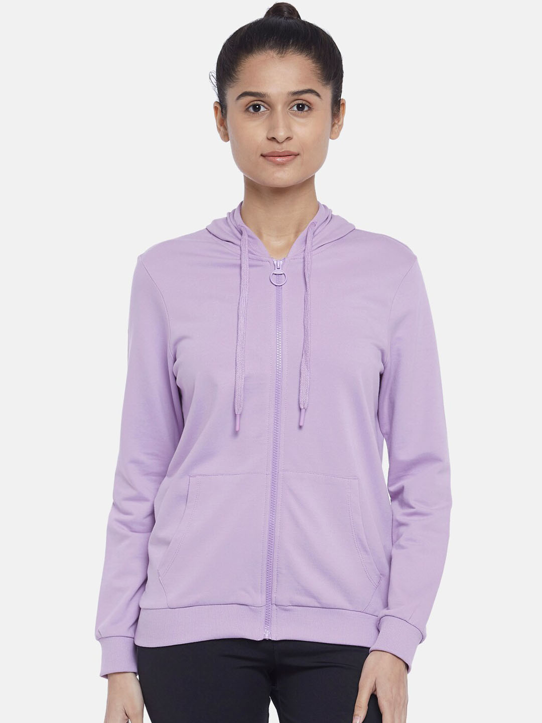 

Ajile by Pantaloons Women Purple Solid Cotton Hooded Sweatshirt