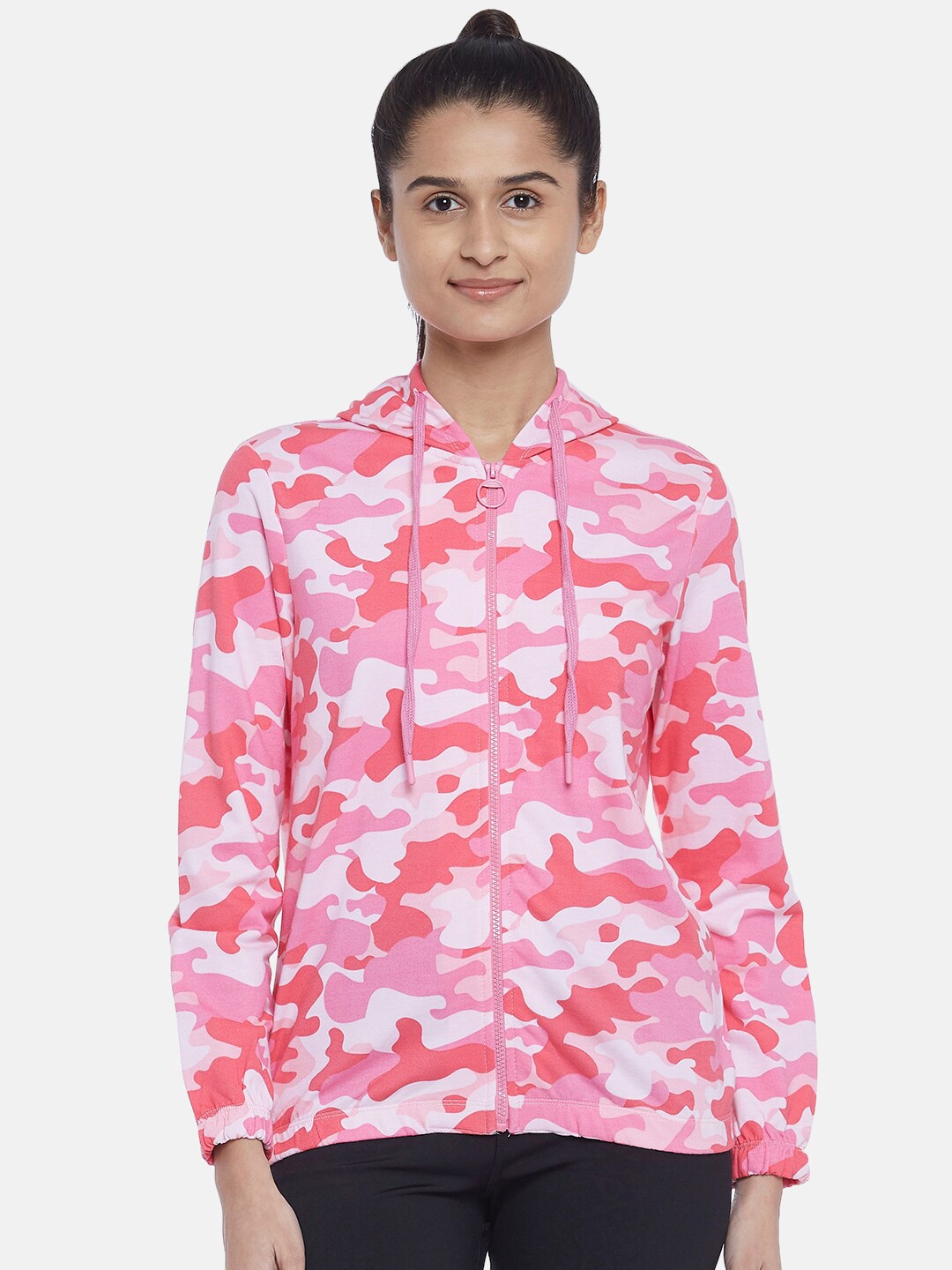 

Ajile by Pantaloons Women Pink Floral Longline Sporty Jacket with Embroidered