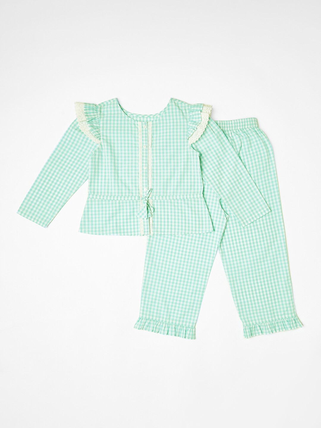 

BLANC9 Girls Green Checked Pure Cotton Night Suit