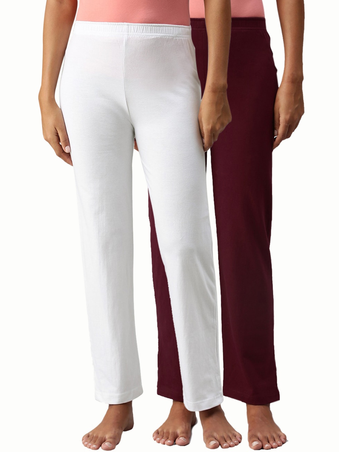 

NOT YET by us Women White & Maroon Pack of 2 Solid Cotton Lounge Pants
