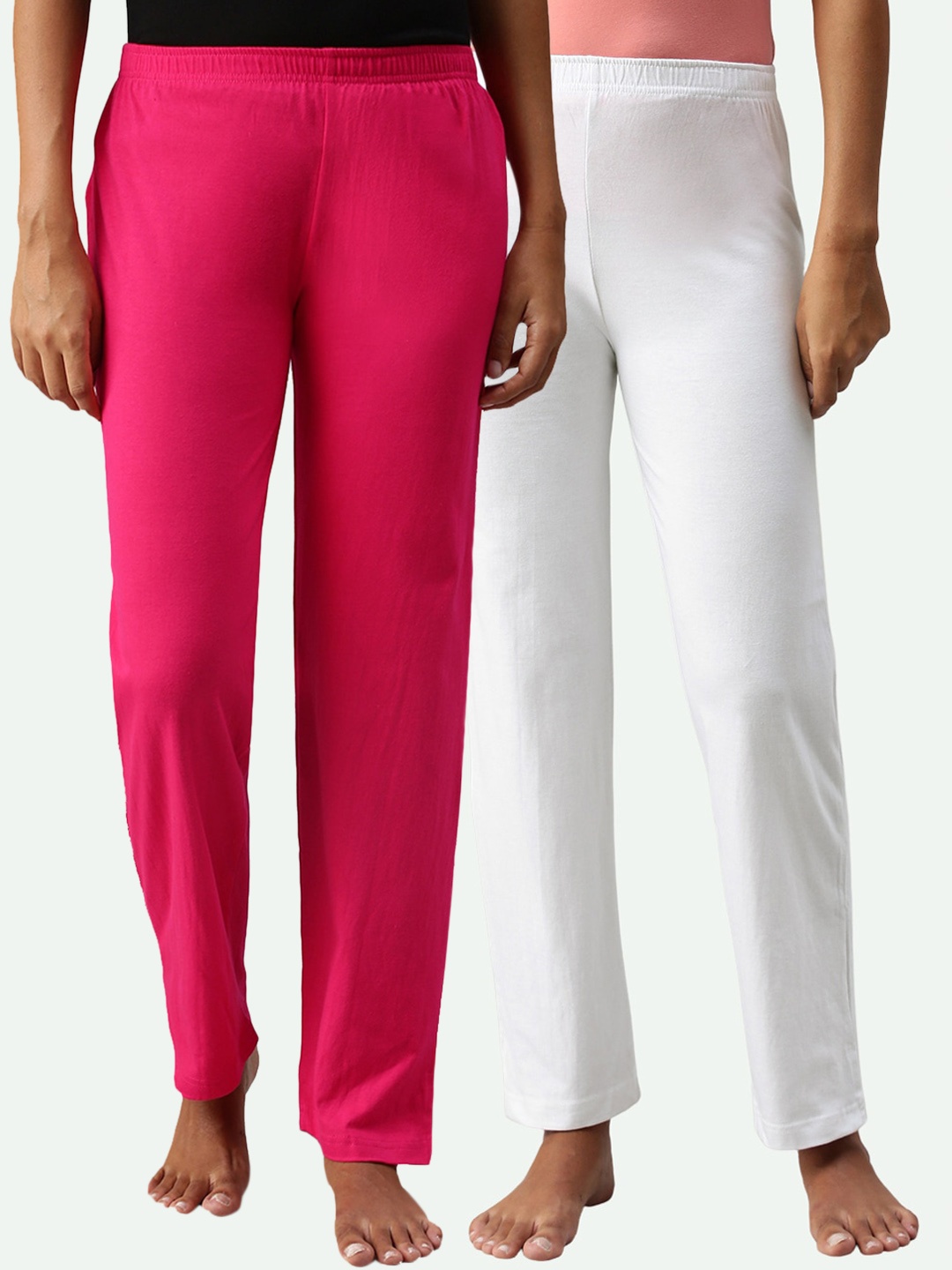 

NOT YET by us Women White & Pink Pack Of 2 Solid Lounge Pants