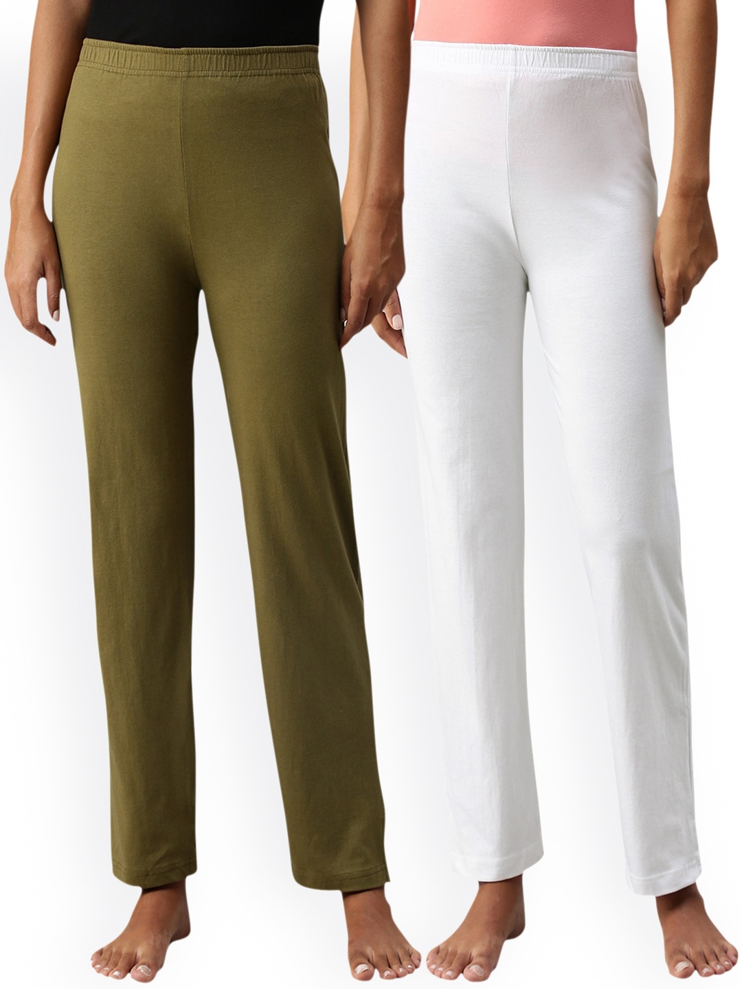 

NOT YET by us Women White Olive Green Pack Of 2 Solid Lounge Pants