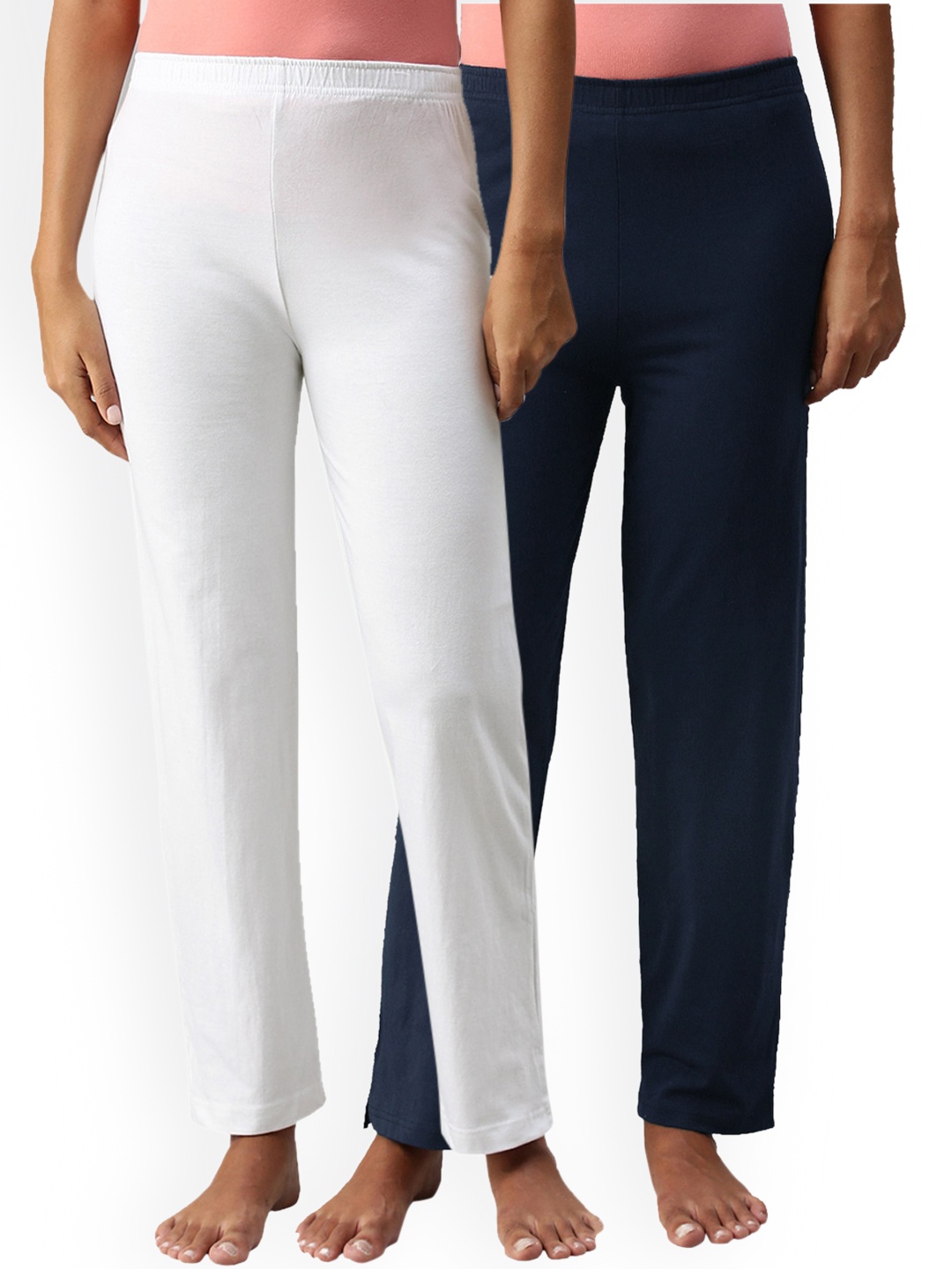 

NOT YET by us Pack of 2 Women White & Navy Blue Solid Lounge Pants