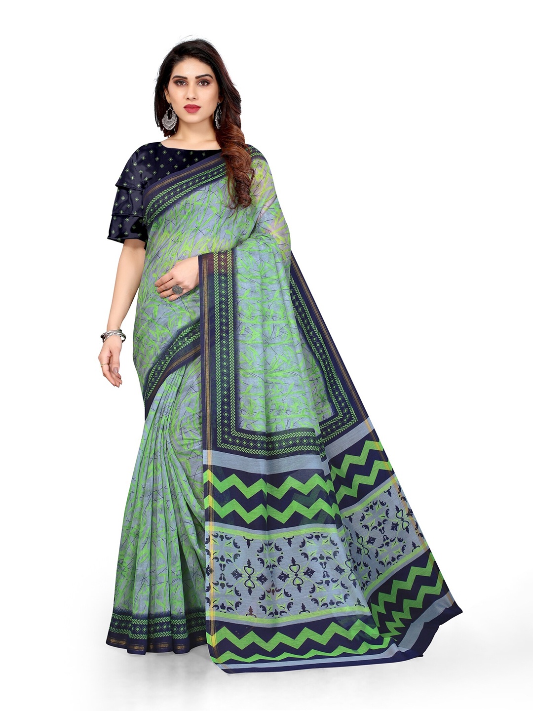 

KALINI Grey & Green Printed Zari Saree