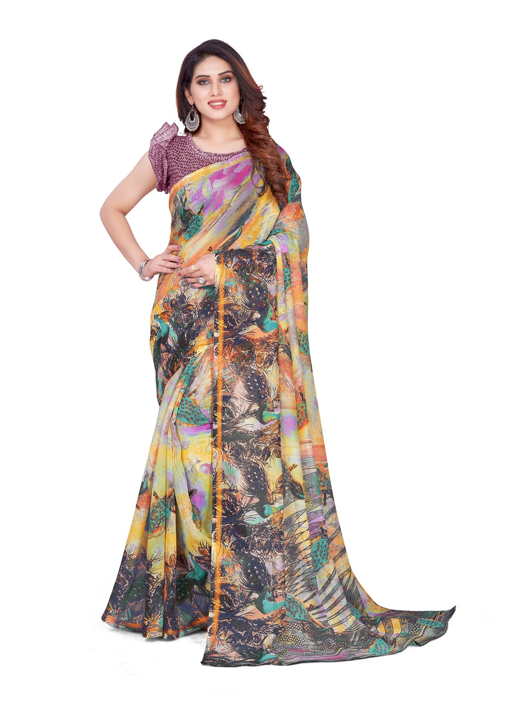 

KALINI Yellow & Orange Printed Cotton Zari Saree