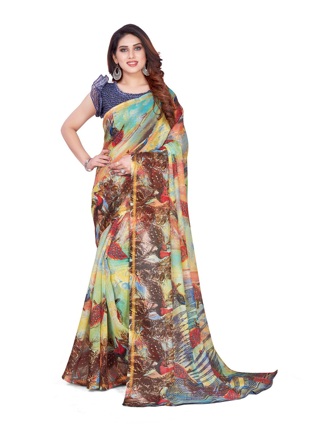 

KALINI Green & Blue Ethnic Motifs Zari Saree