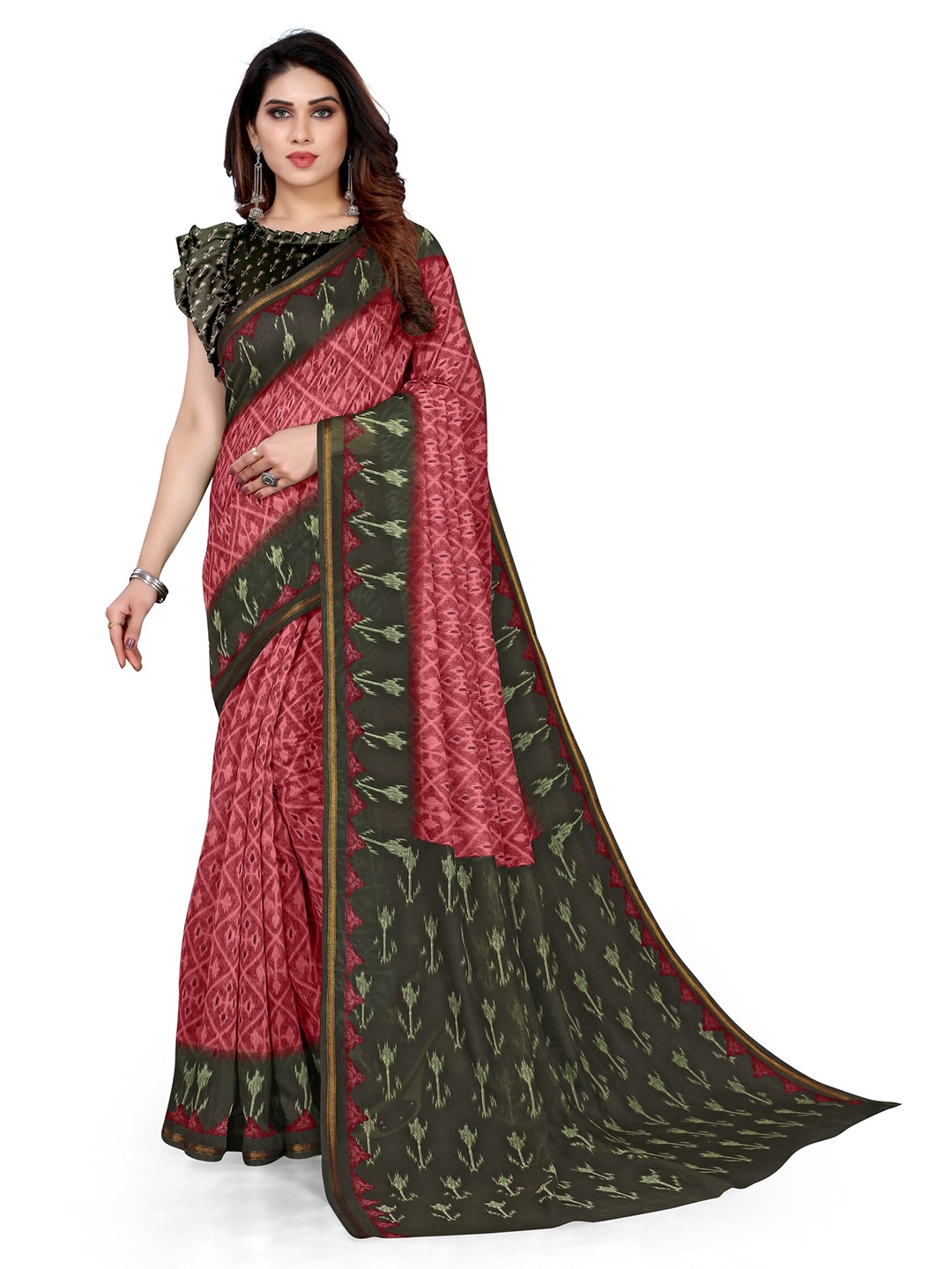 

KALINI Pink & Black Zari Ikat Saree