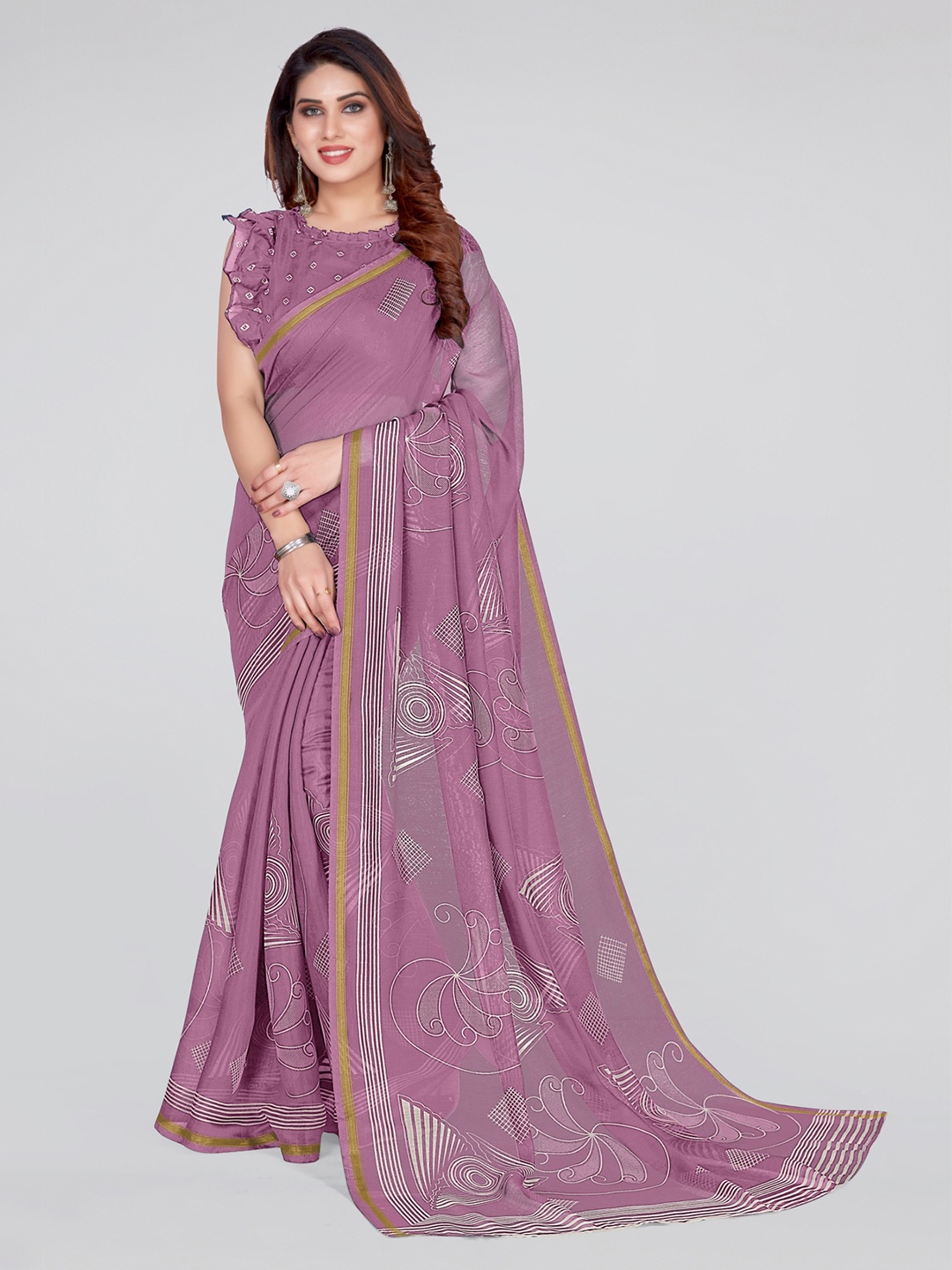 

KALINI Pink & White Printed Zari Saree