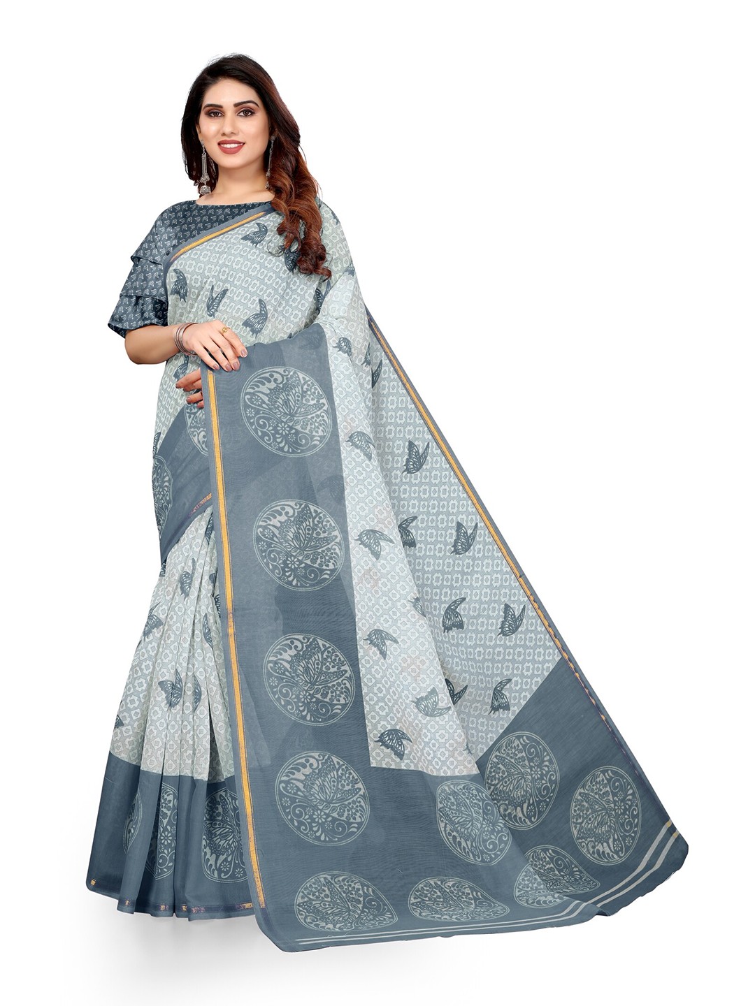 

KALINI Off White & Grey Zari Printed Saree