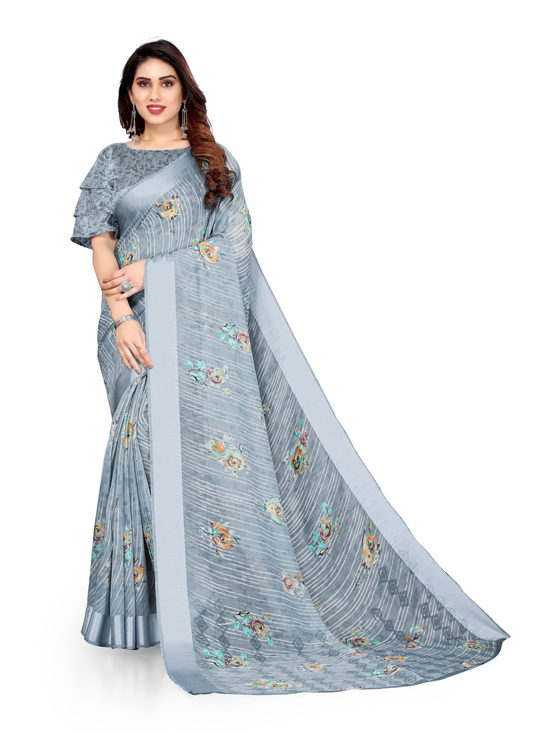 

KALINI Grey & Beige Floral Zari Bagh Saree