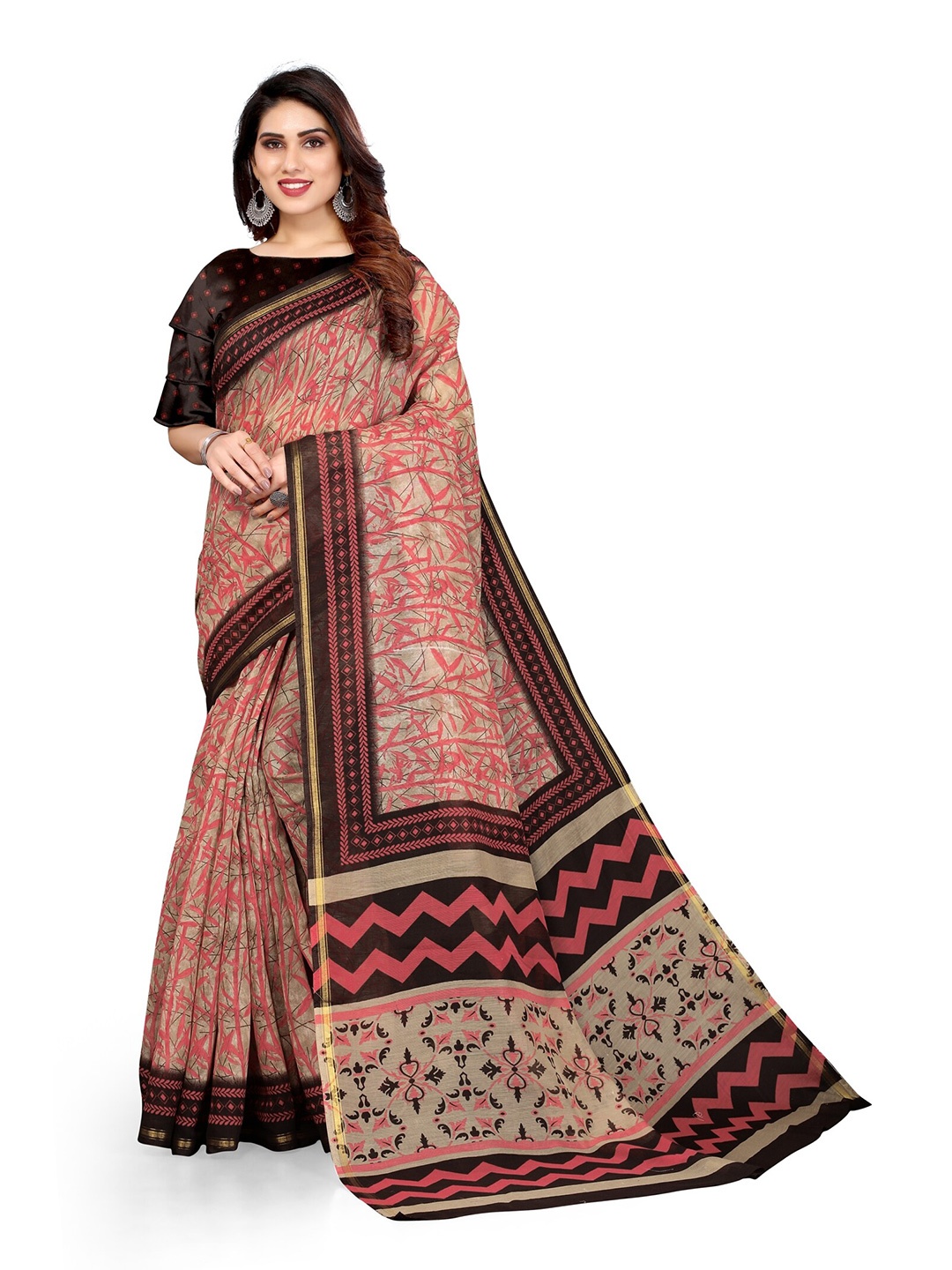 

KALINI Beige & Pink Floral Printed Zari Saree