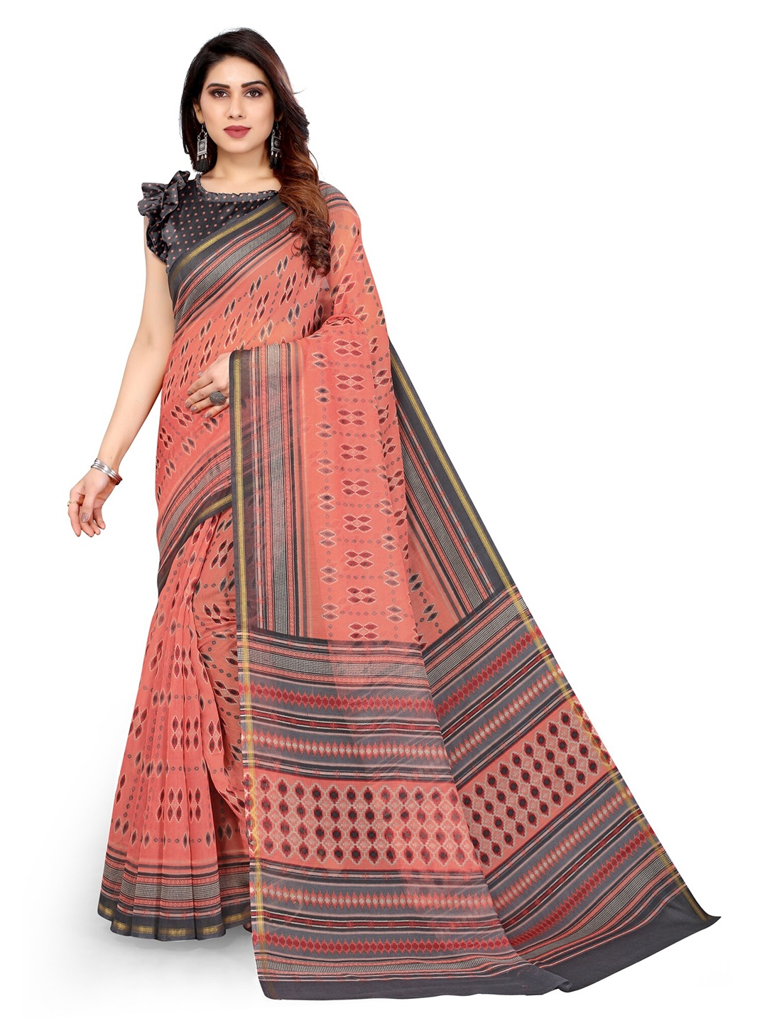 

KALINI Peach-Coloured & Grey Printed Saree