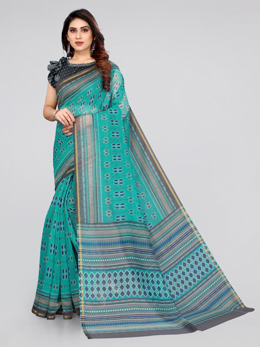 

KALINI Teal & Blue Abstract Printed Designer Saree