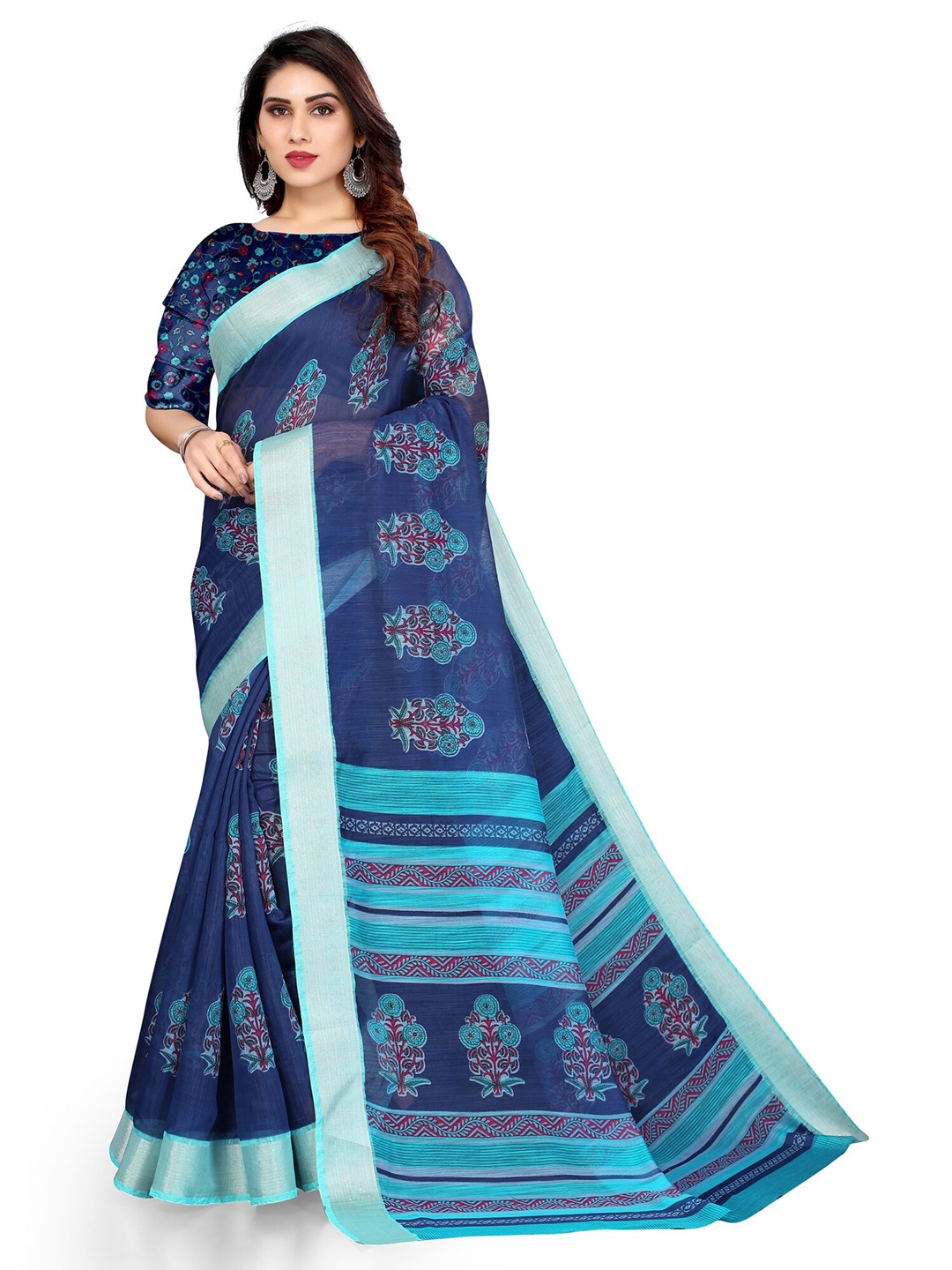 

KALINI Navy Blue & Pink Floral Zari Saree