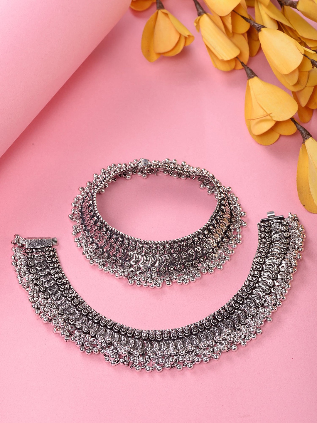 

Saraf RS Jewellery Set Of 2 Oxidised Silver-Plated Contemporary Payal Anklets