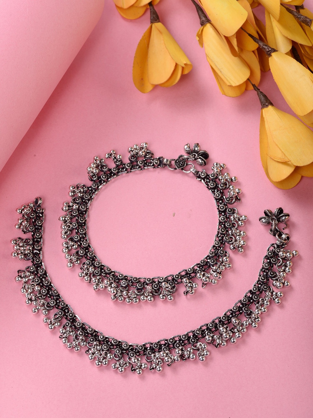 

Saraf RS Jewellery Set Of 2 Oxidised Silver-Plated Stone Studded Payal Anklet