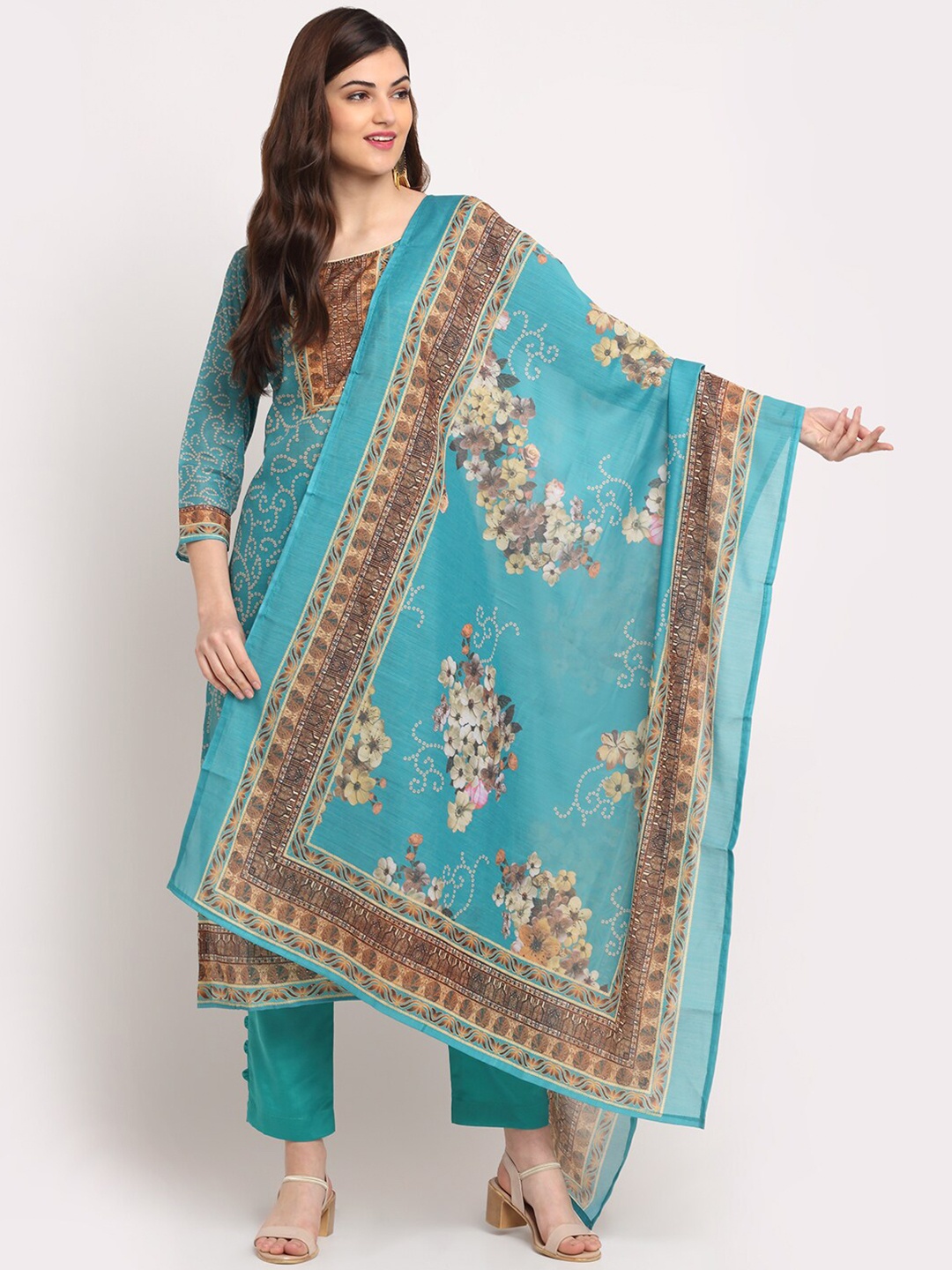 

Stylee LIFESTYLE Green & Brown Printed Unstitched Dress Material