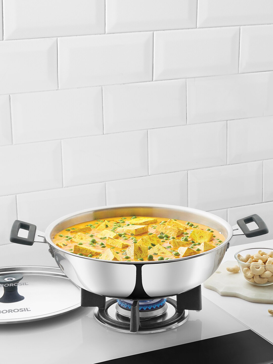 

BOROSIL Silver-Toned Stainless Steel Kadhai with Lid