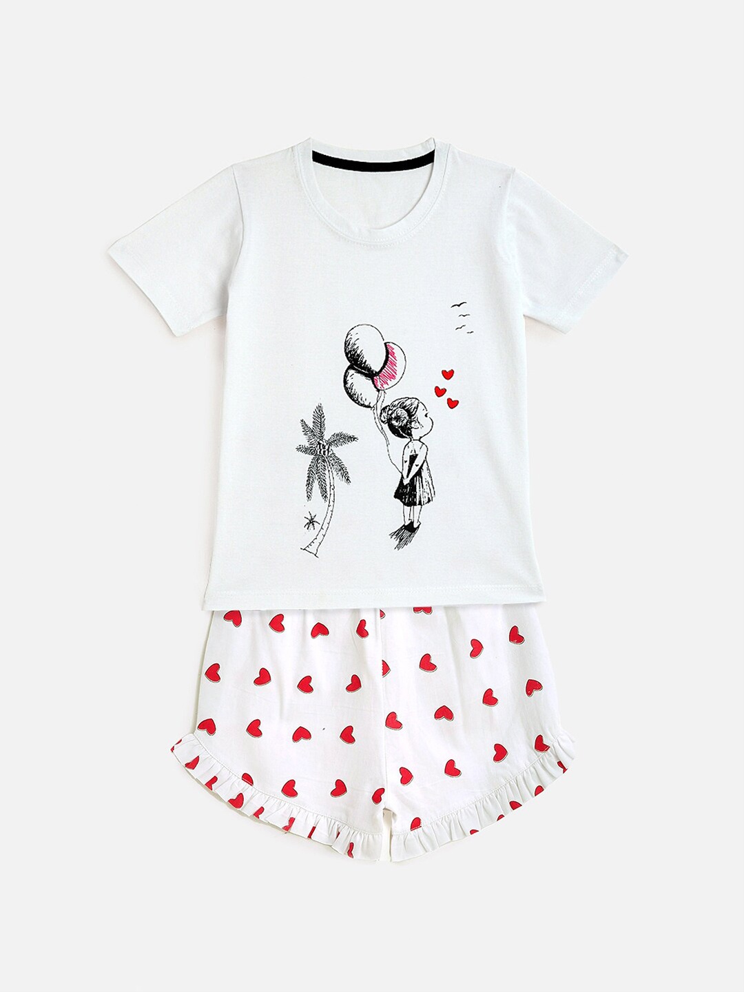 

YK Girls White & Red Printed Pure Cotton T-shirt with Shorts