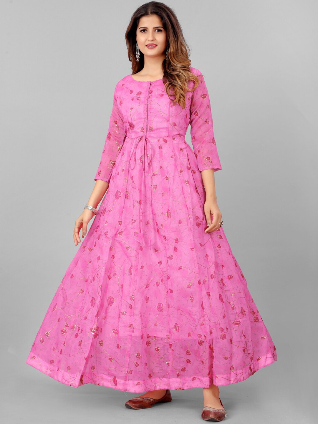 

SHOPGARB Women Pink Floral Printed Chanderi Silk Anarkali Kurta
