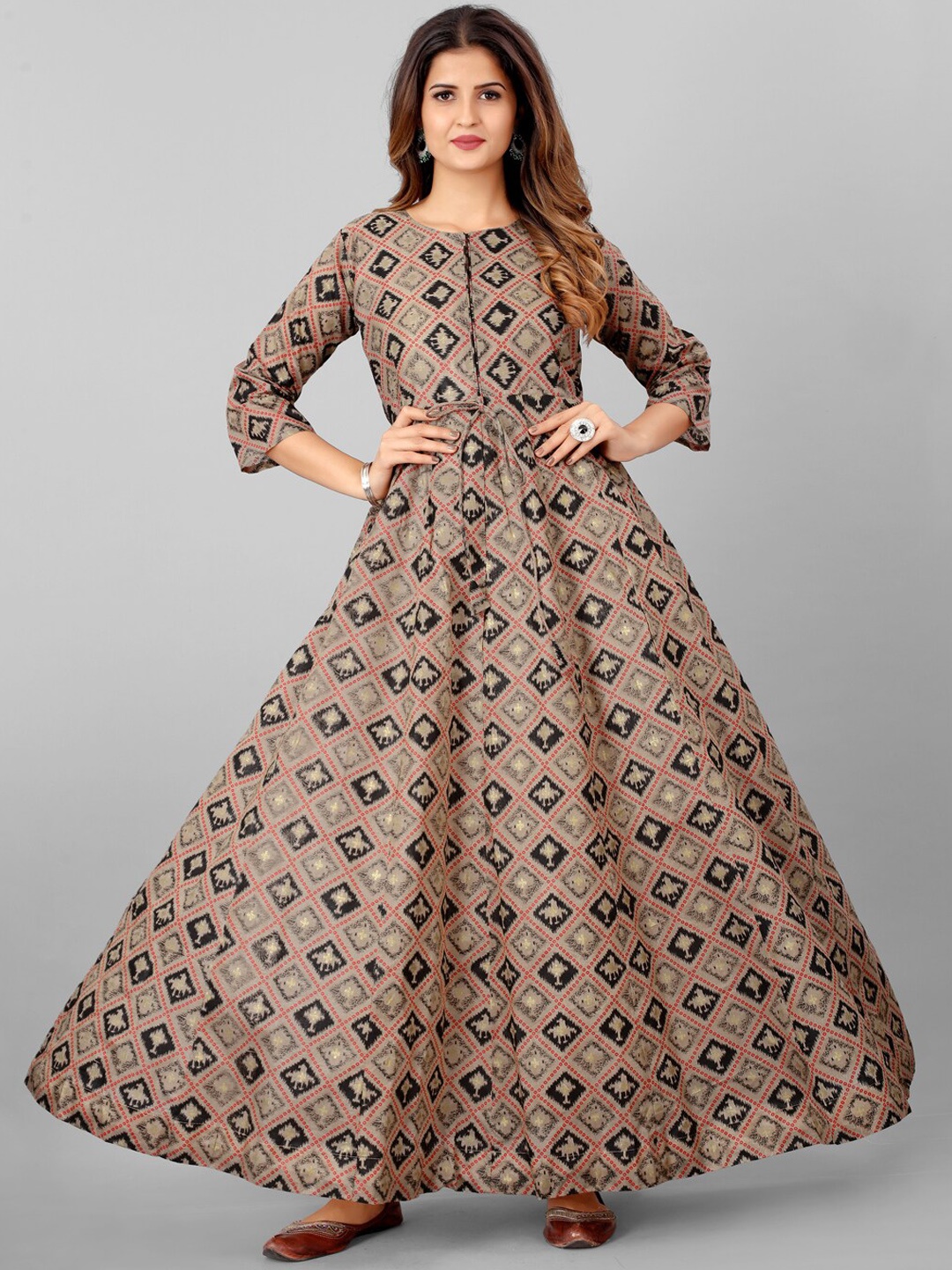 

SHOPGARB Women Brown & Black Geometric Printed Chanderi Silk Anarkali Kurta