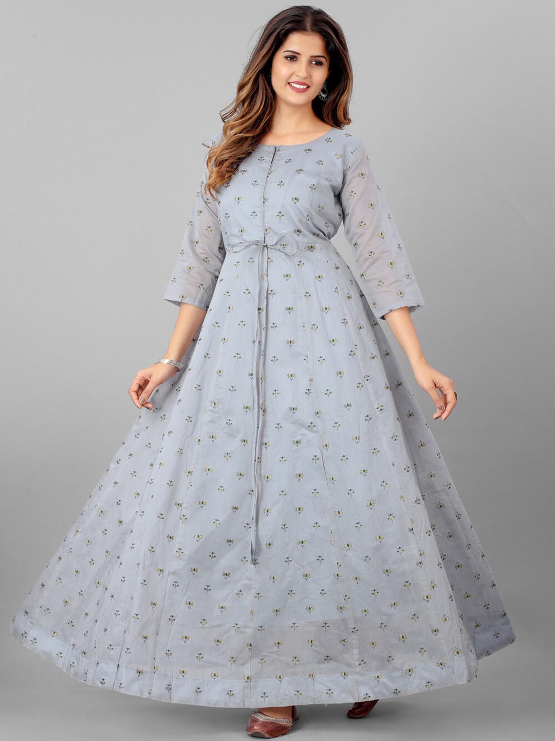 SHOPGARB Women Grey Ethnic Motifs Printed Chanderi Silk Anarkali Kurta