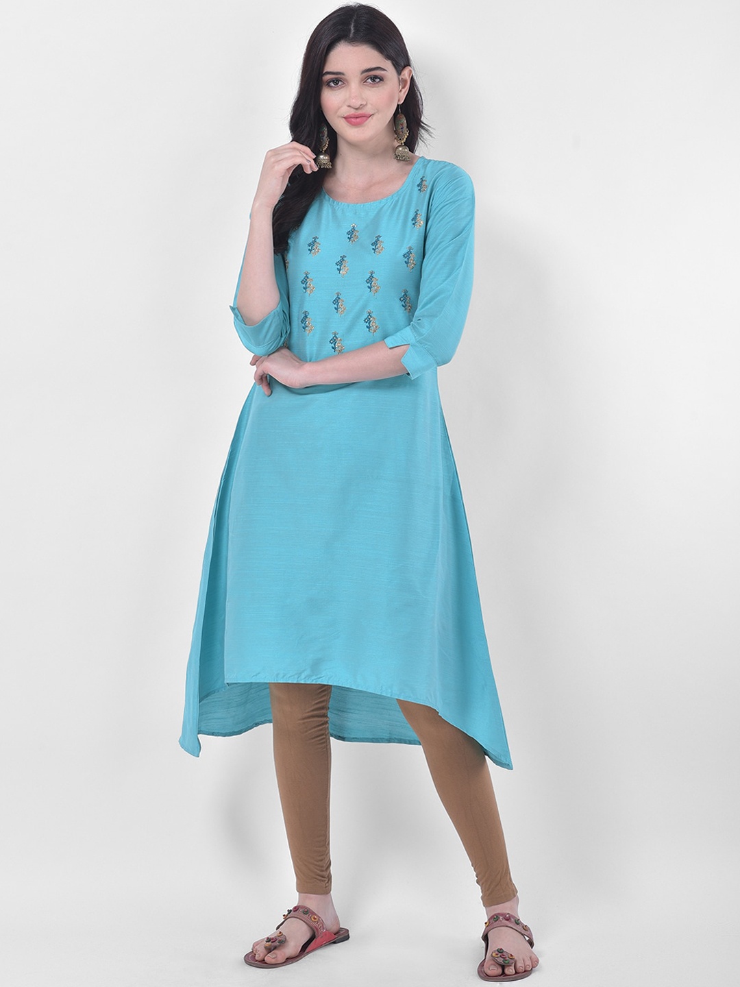 

Span Women Turquoise Blue Floral Embroidered Thread Work Kurta