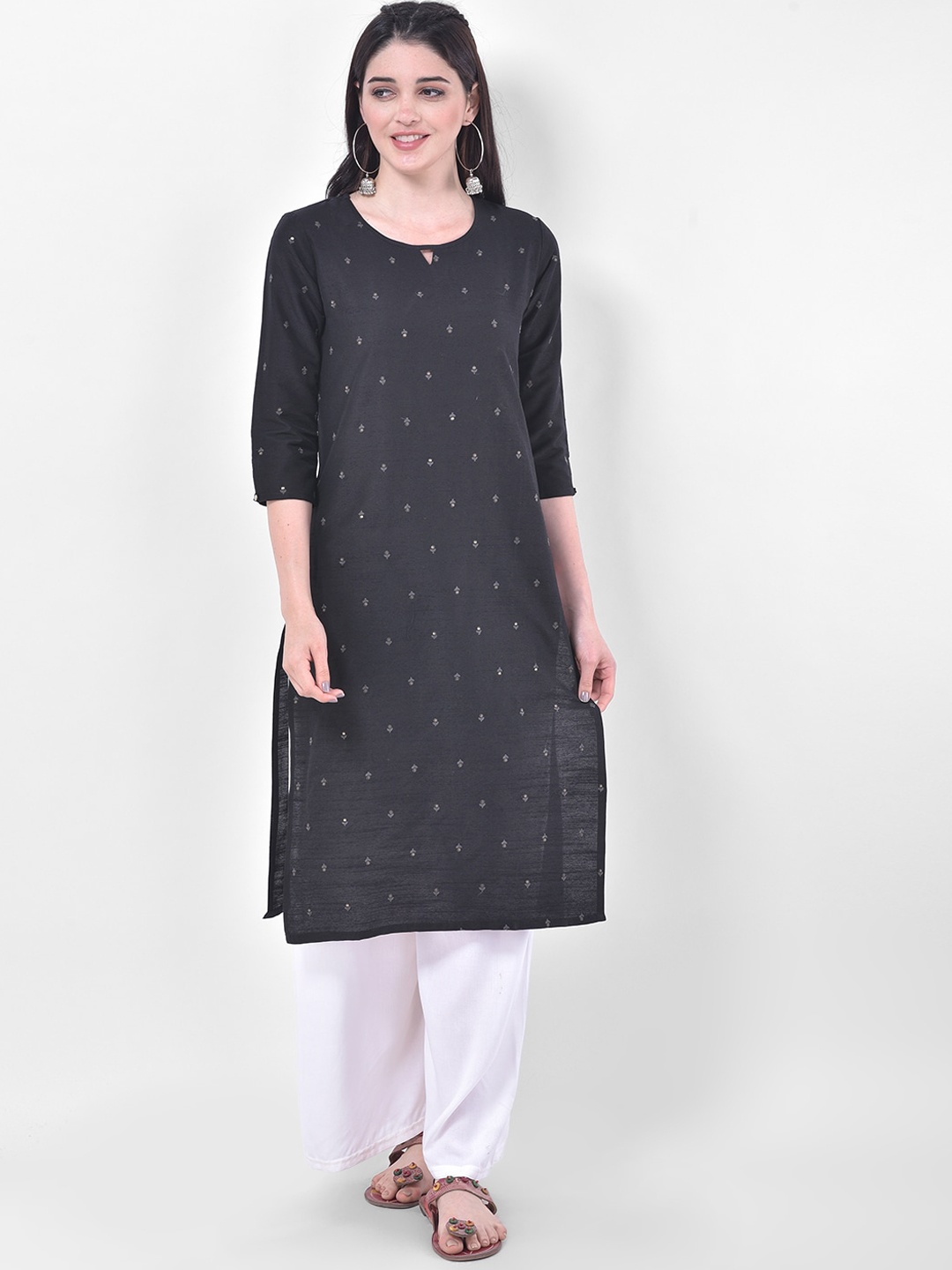 

Span Women Black Geometric Printed Thread Work Kurta