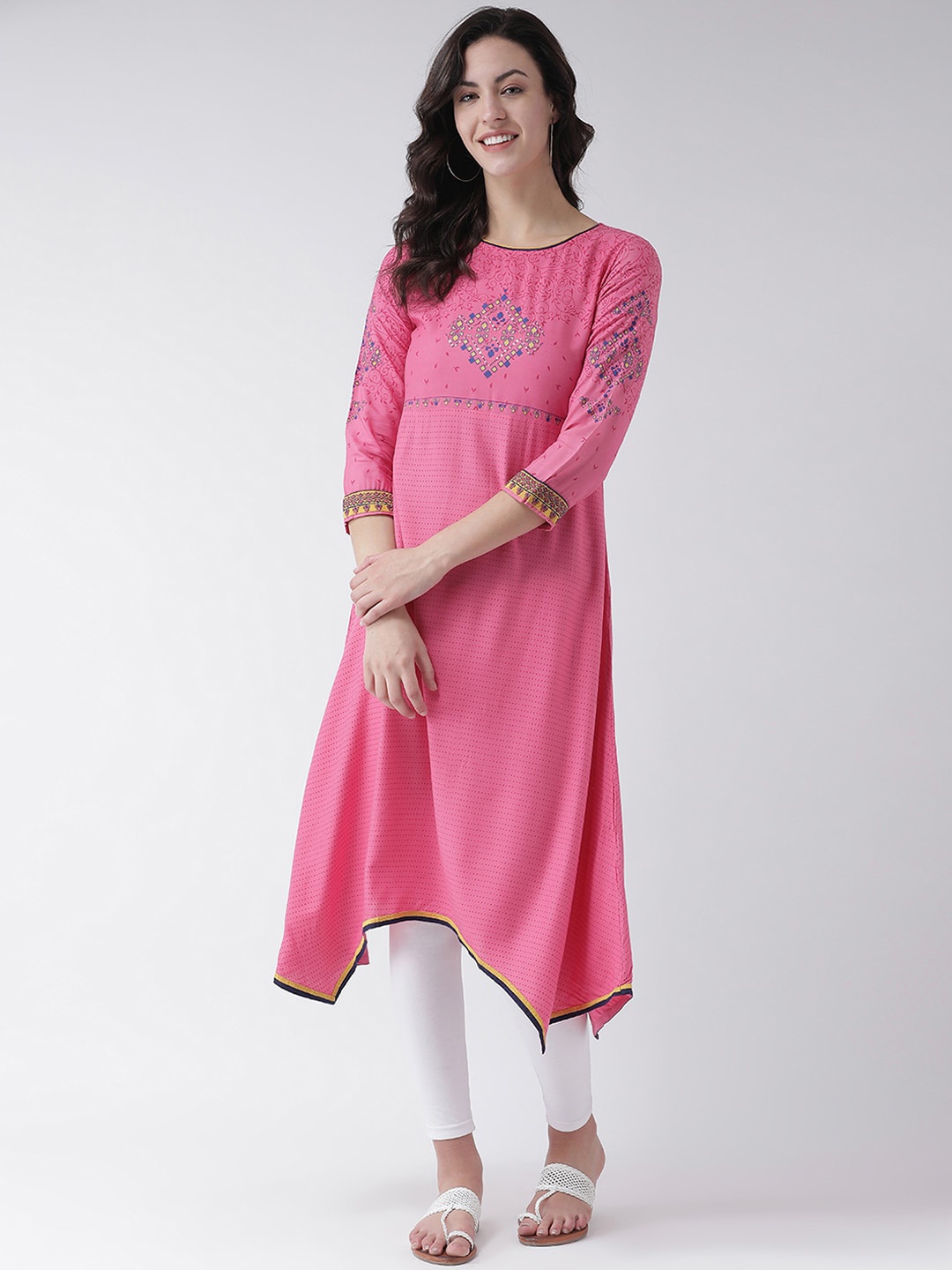 

Span Women Pink & Blue Floral Keyhole Neck Thread Work Floral A-line Kurta