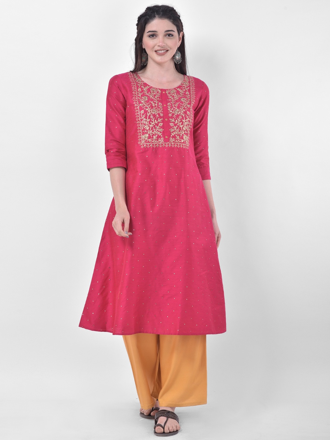 

Span Women Pink Ethnic Motifs Yoke Design Zardozi Kurta