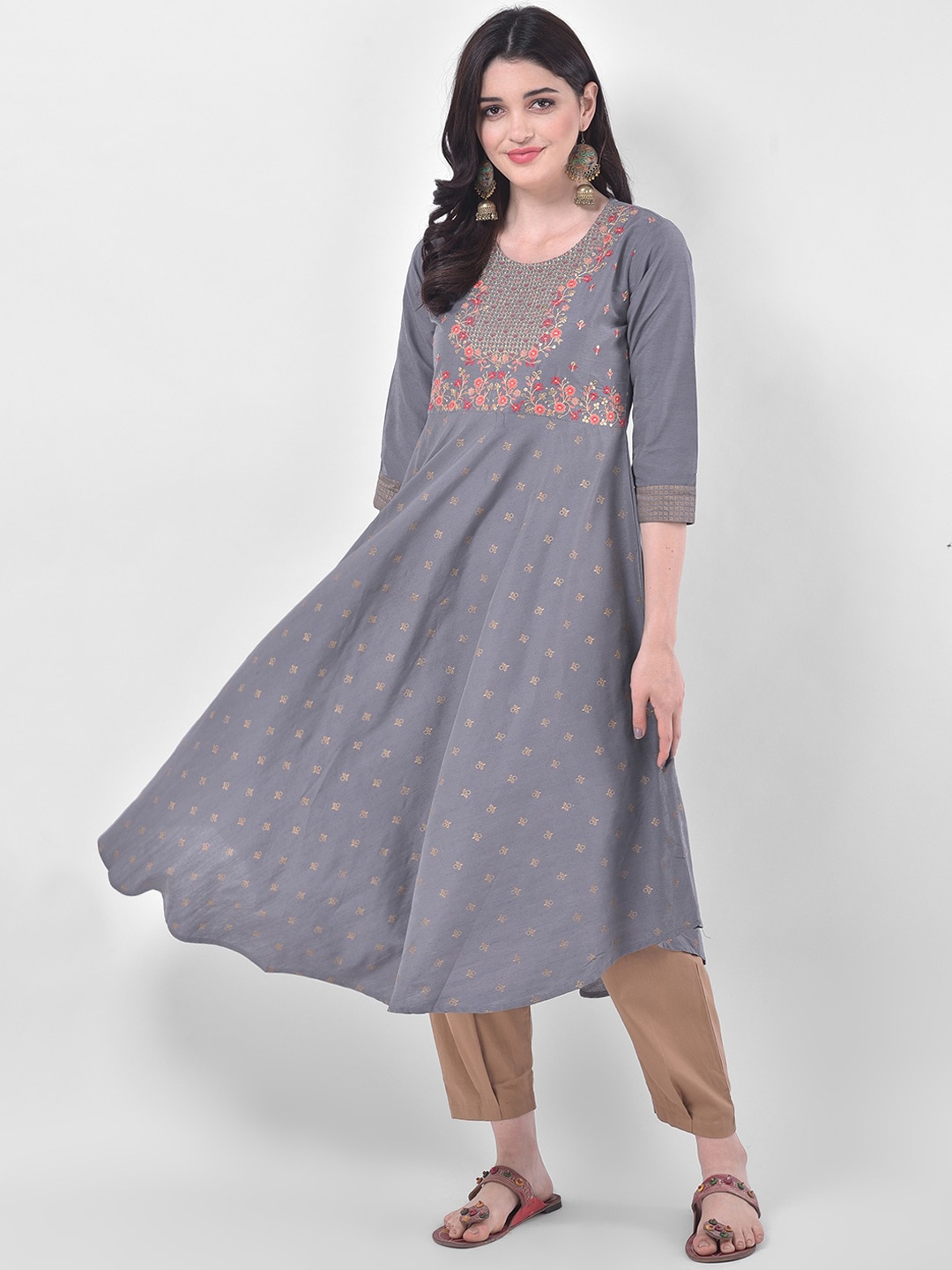 

Span Women Grey Ethnic Motifs Printed Thread Work Anarkali Kurta
